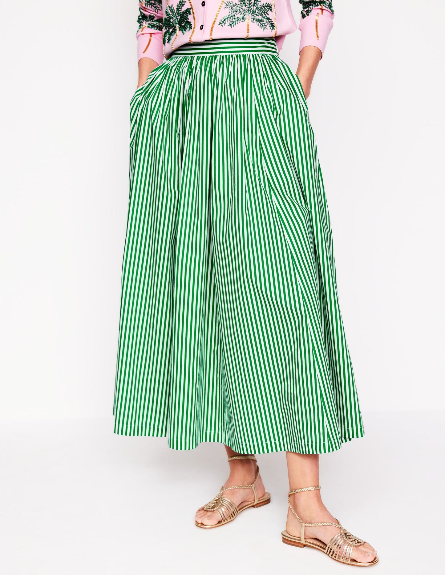 Full Poplin Maxi Skirt-Rich Emerald, Fine Stripe