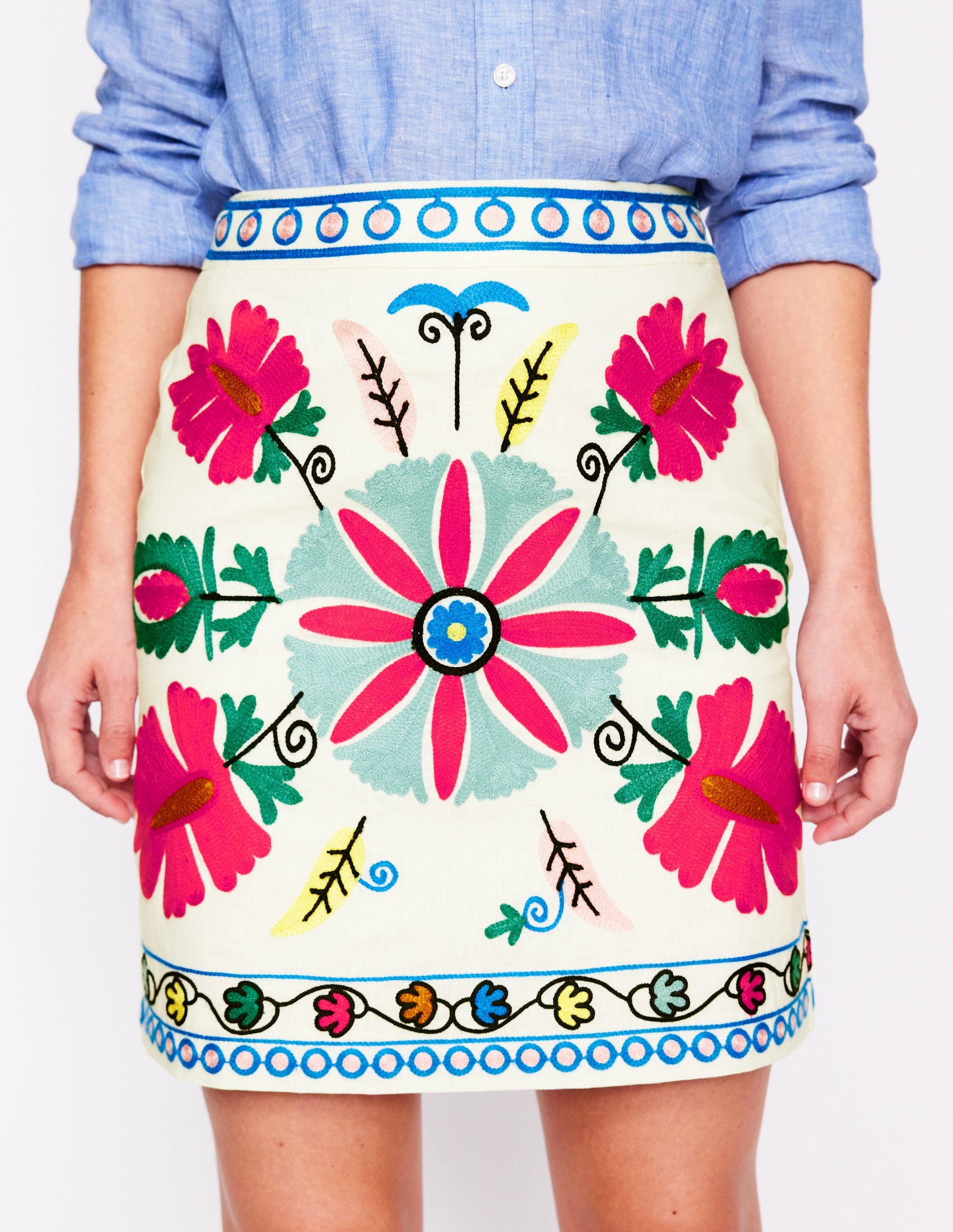 Aline Embroidered Linen Skirt-Ivory Embroidery-4