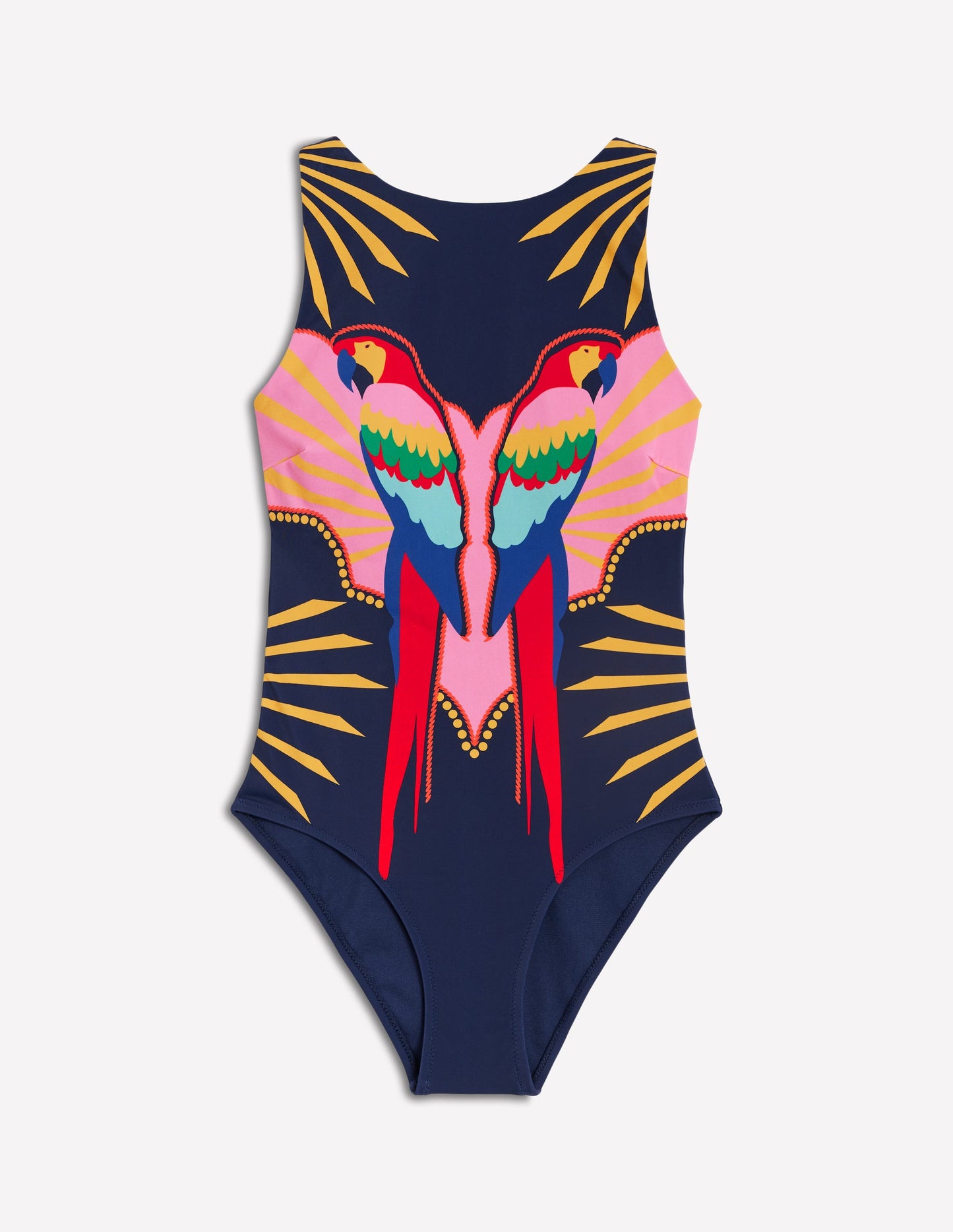Slash Neck Tie Swimsuit-Navy Paradise Parrot