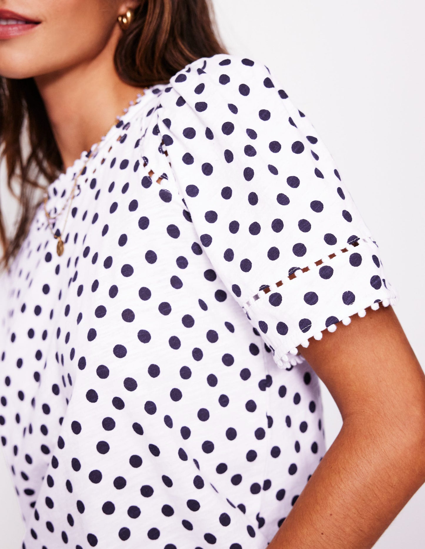 Mila Trim Detail Top-Ivory, French Navy Dot