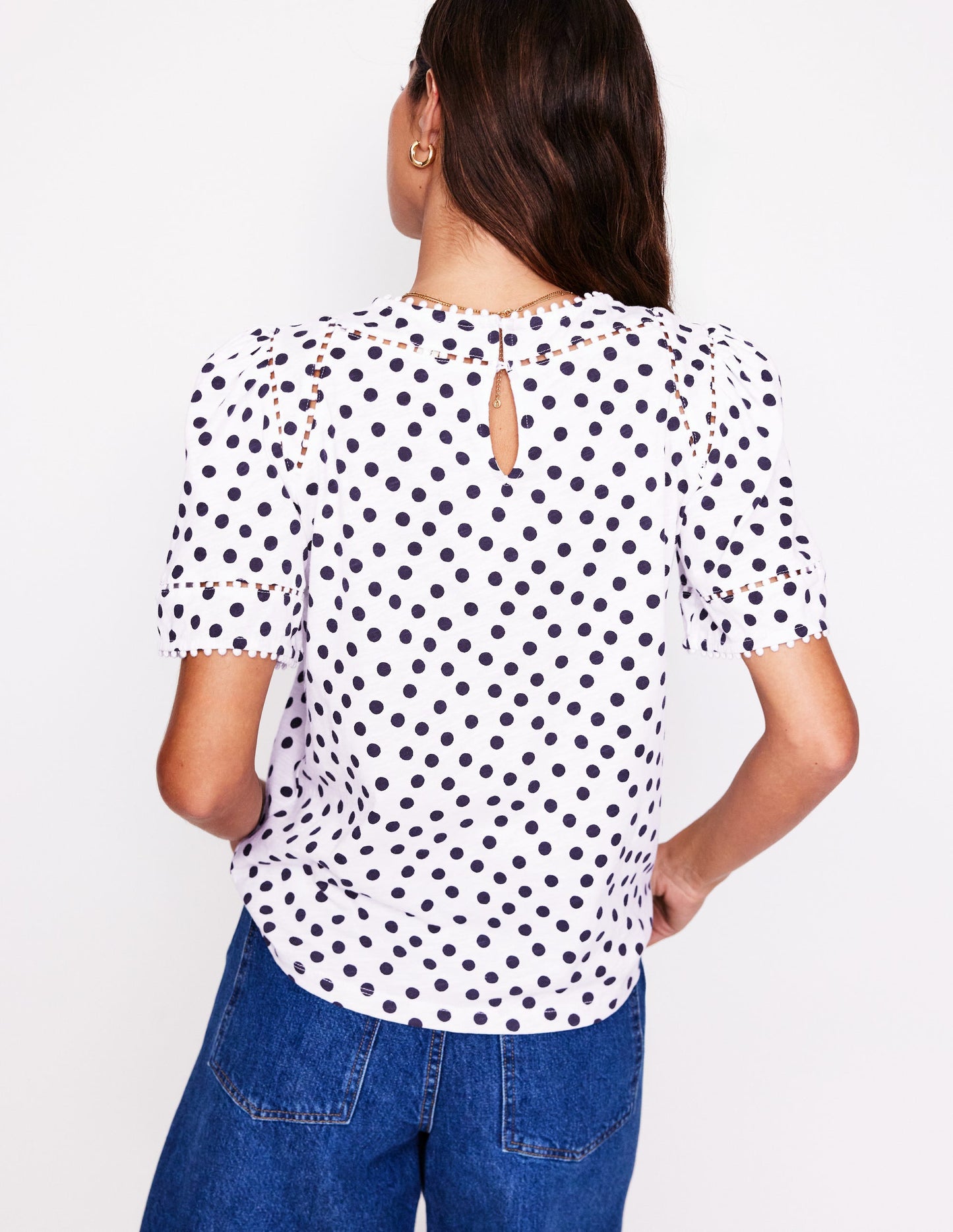 Mila Trim Detail Top-Ivory, French Navy Dot
