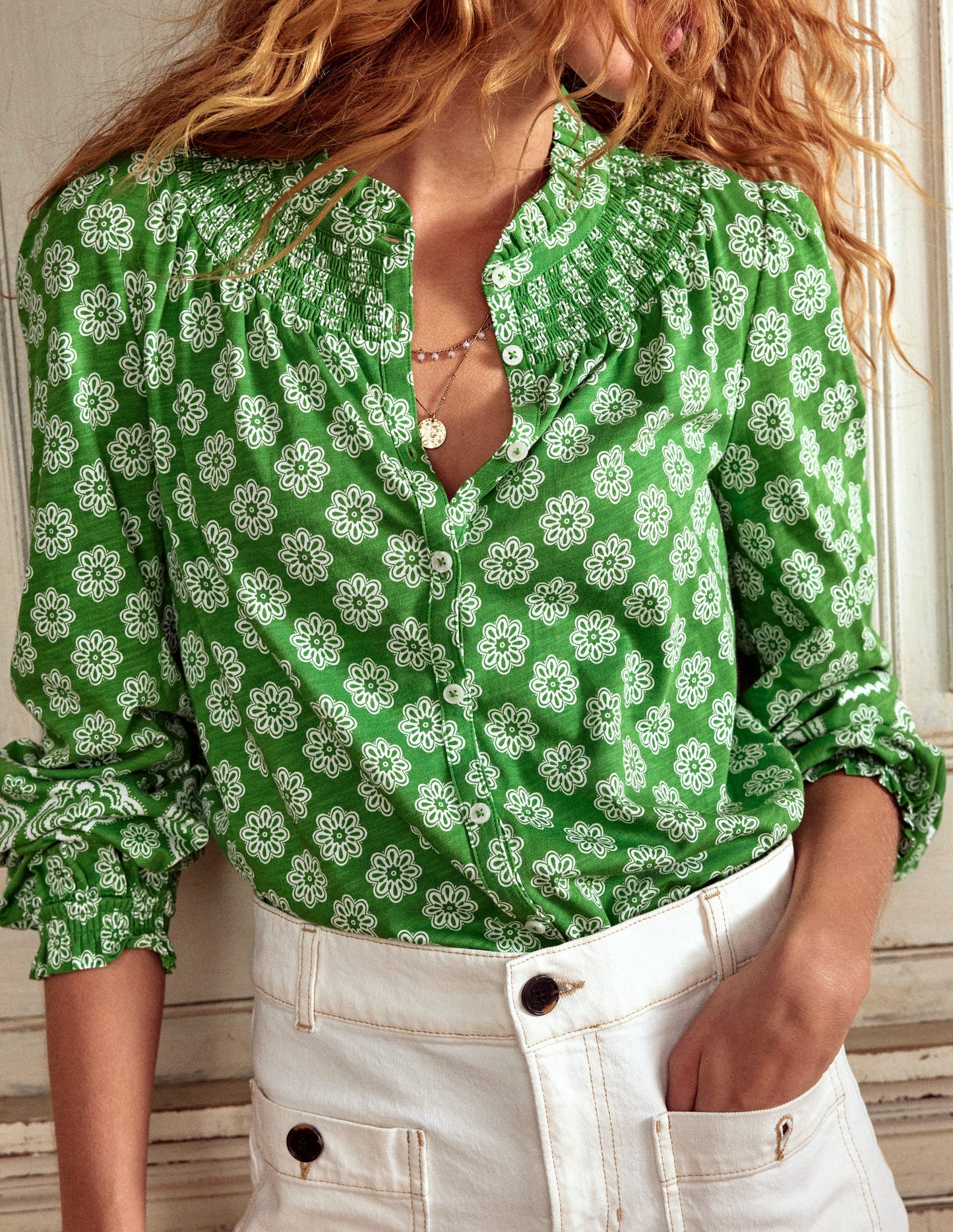 Fay Smocked Jersey Shirt-Paradise Green, Botanic Blush