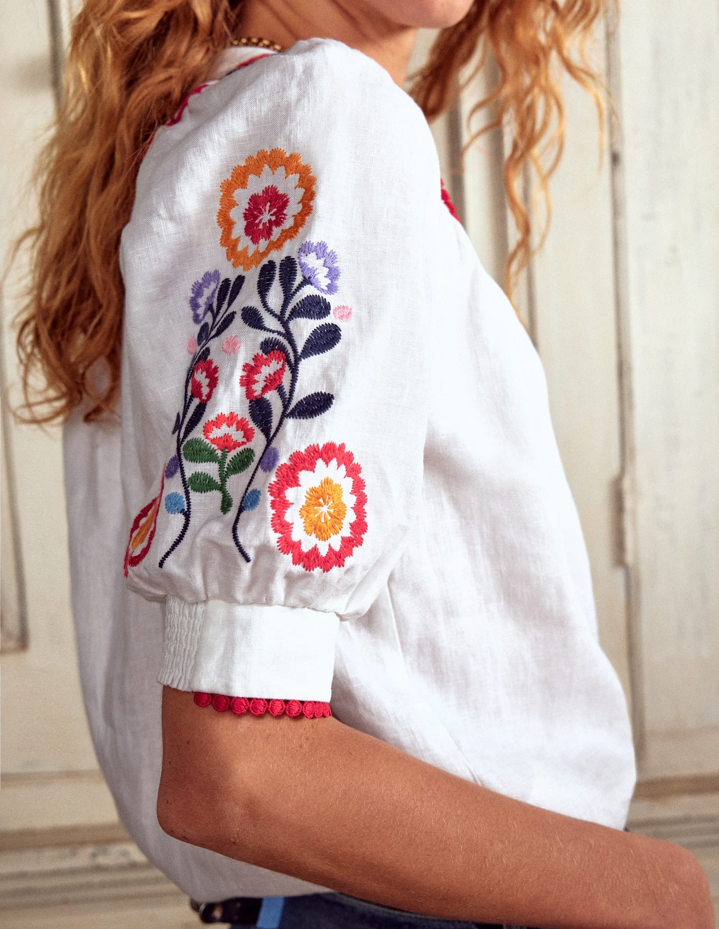 Bea Linen Top-White, Embroidery