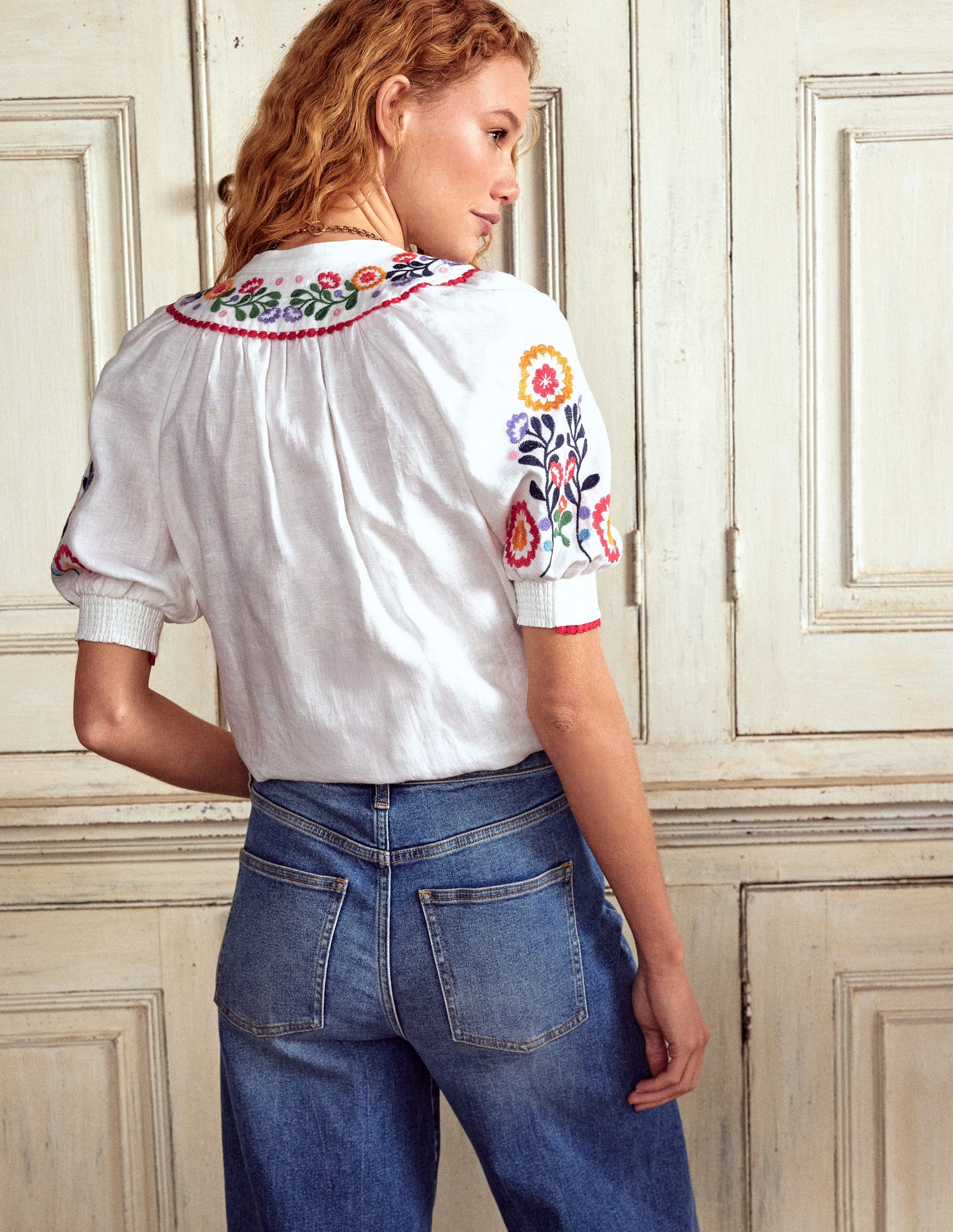 Bea Linen Top-White, Embroidery