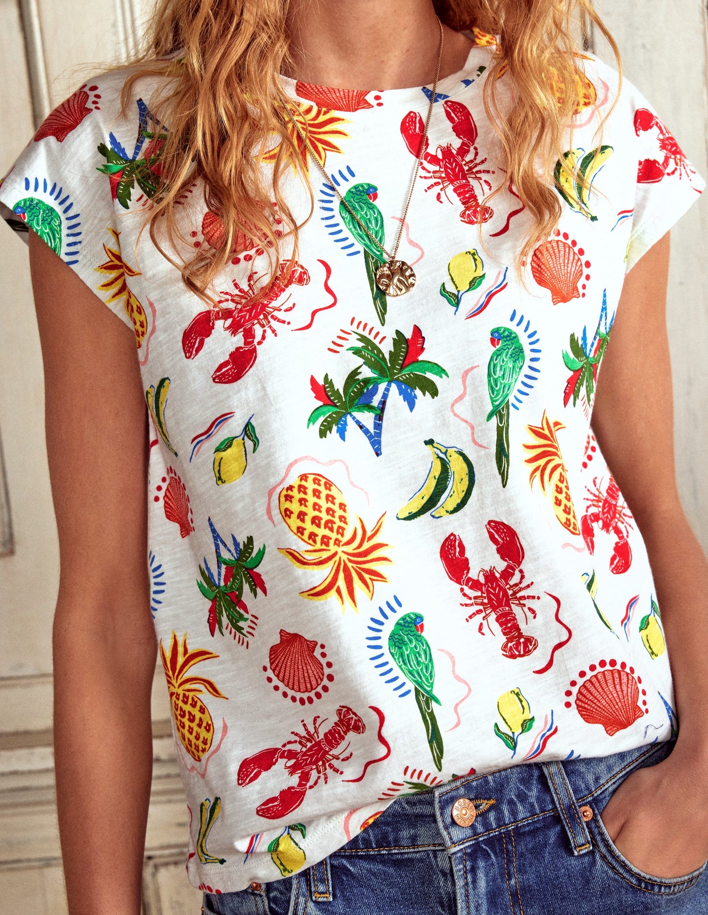 Louisa Slub T-Shirt-Ivory, Tropical Bonanza