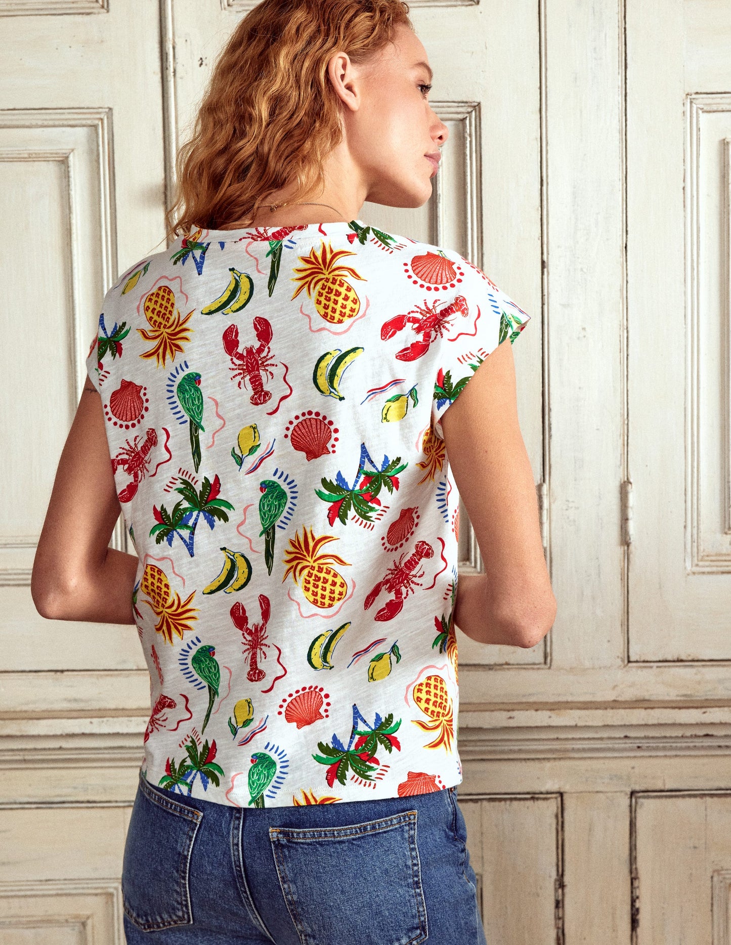 Louisa Slub T-Shirt-Ivory, Tropical Bonanza