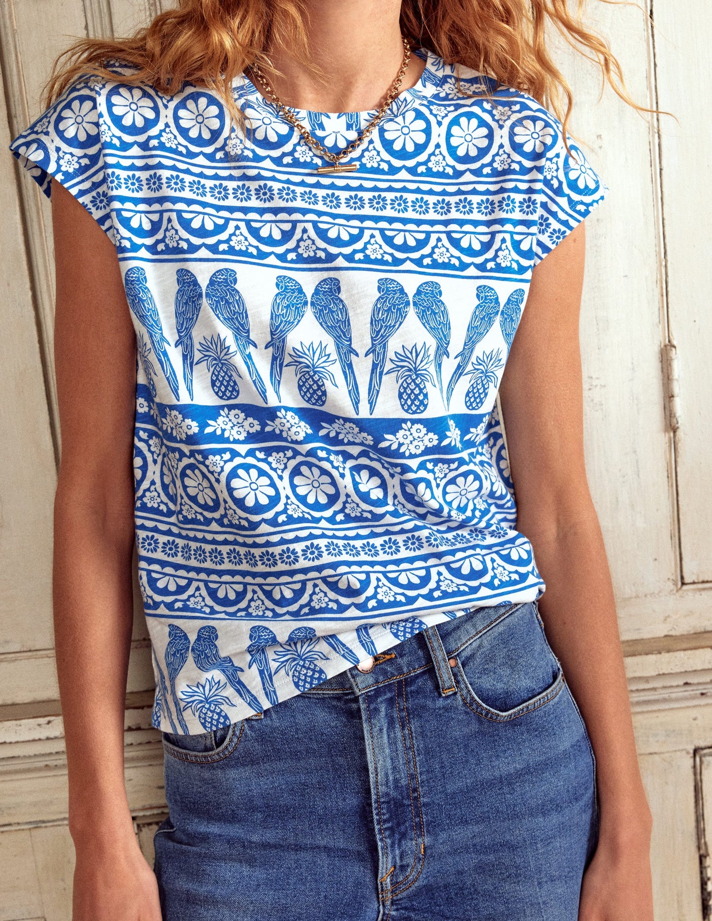 Louisa Slub T-Shirt-Cerulean Blue, Ornate Tropic