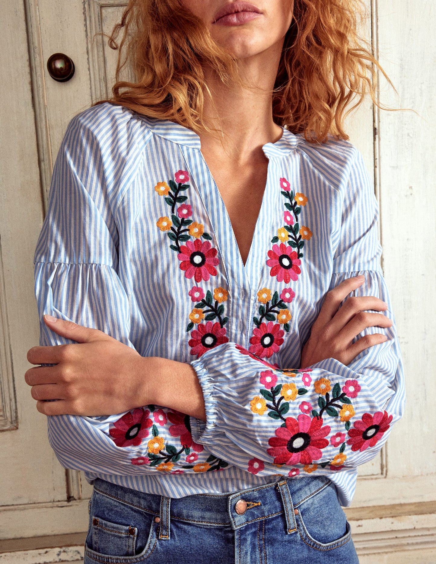 Raglan Embroidered Cotton Top-Ivory, Navy Stripe