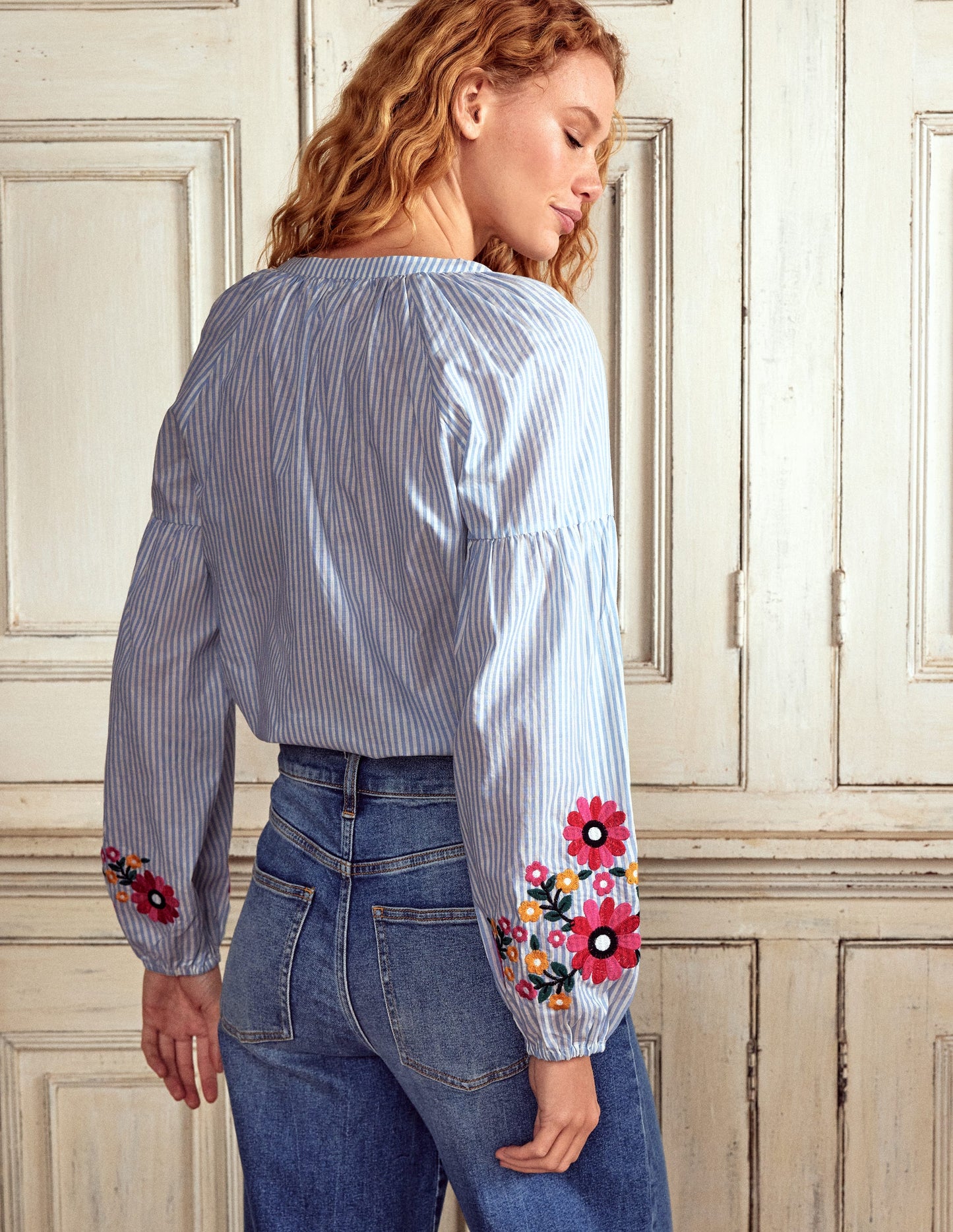 Raglan Embroidered Cotton Top-Ivory, Navy Stripe