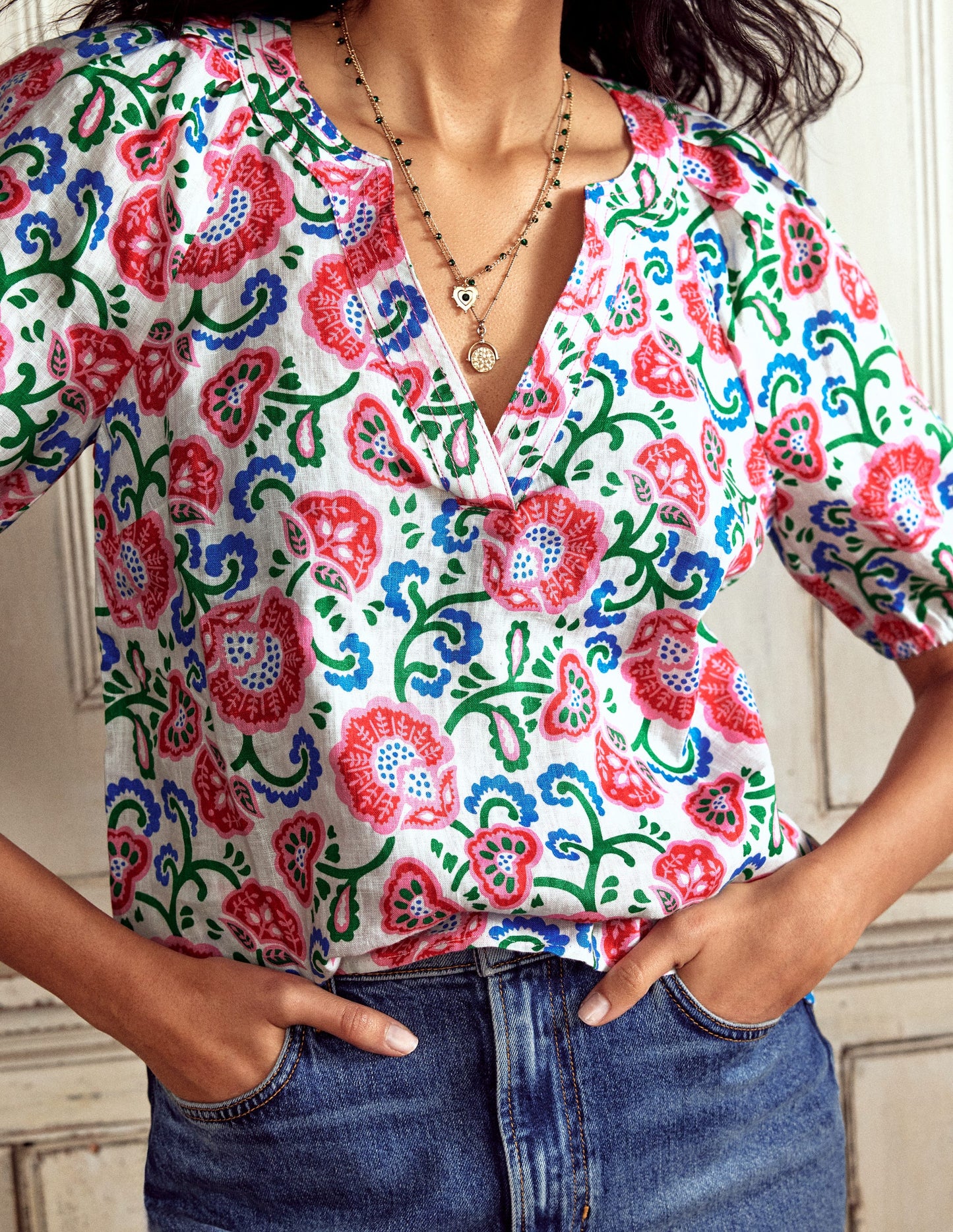 Brooke Linen Top-Ivory, Garden Vine