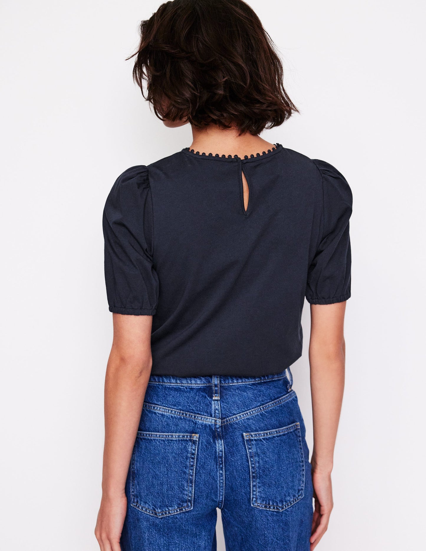 Cutwork Puff Sleeve T-Shirt-Navy