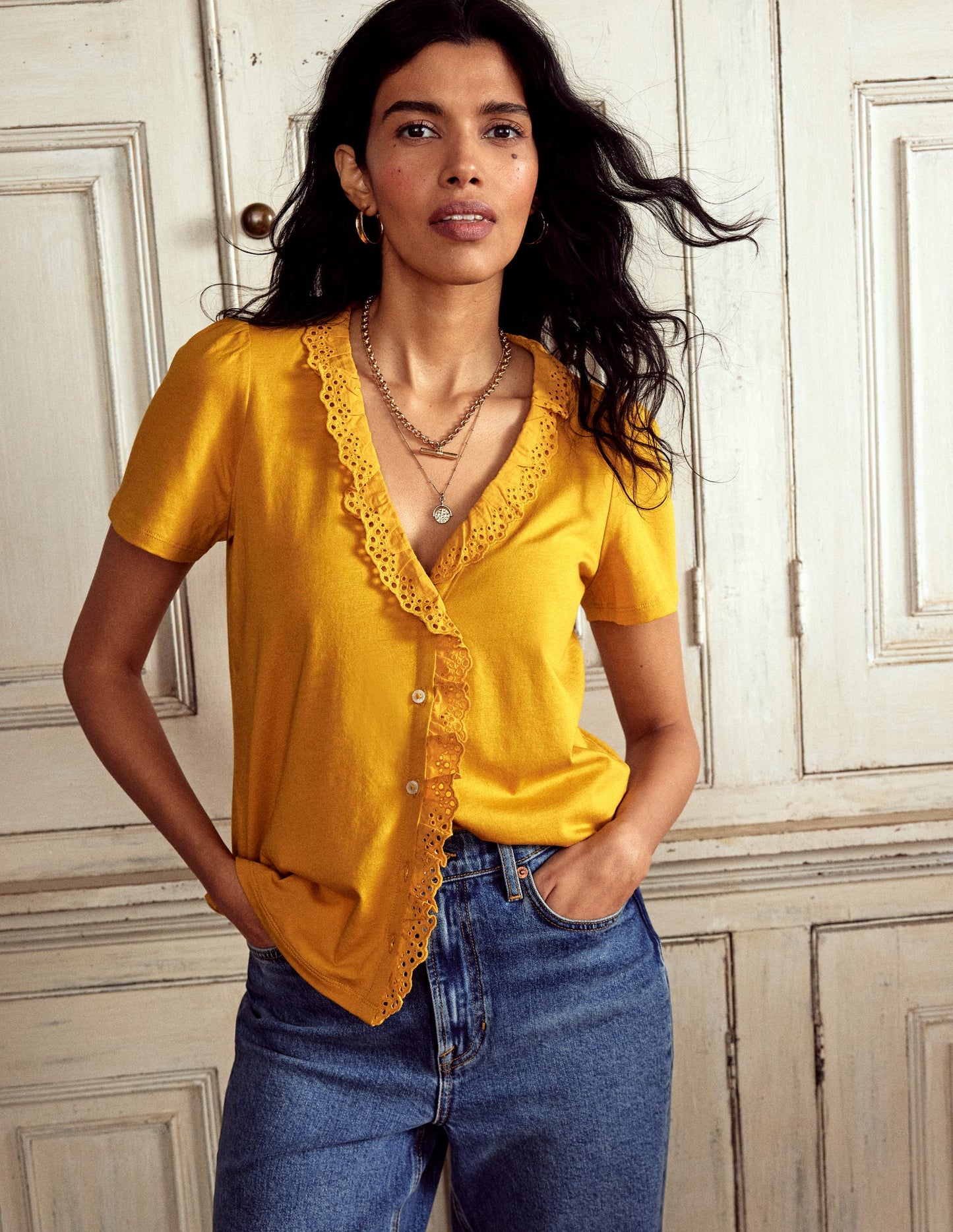 Broderie V-Neck Top-Golden Rye