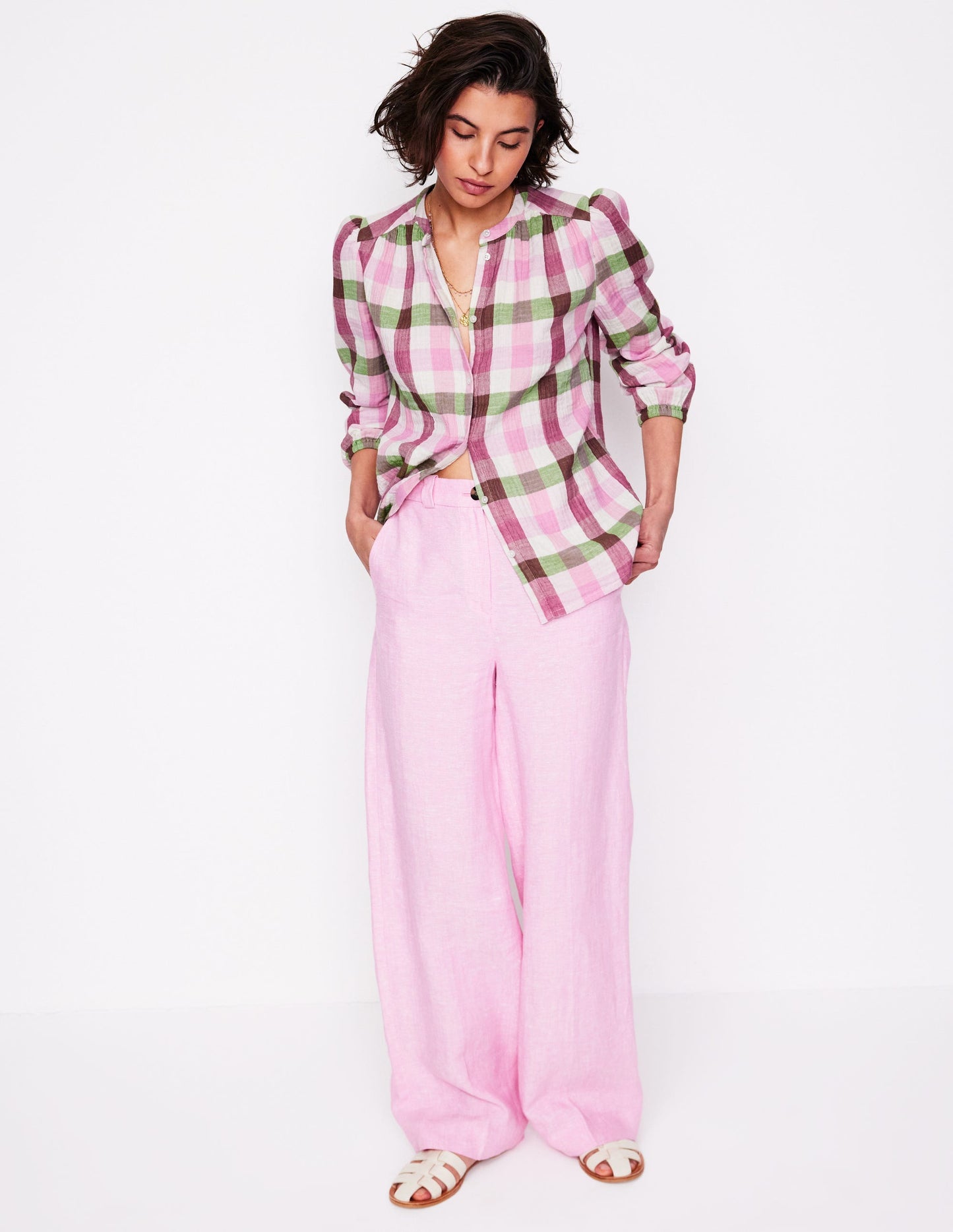 Gingham Double Cloth Top-Pink and Green Gingham