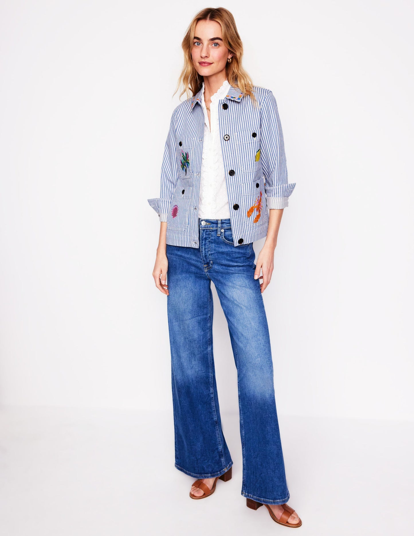 Embroidered Utility Jacket-Forget me not Blue Fine Stripe