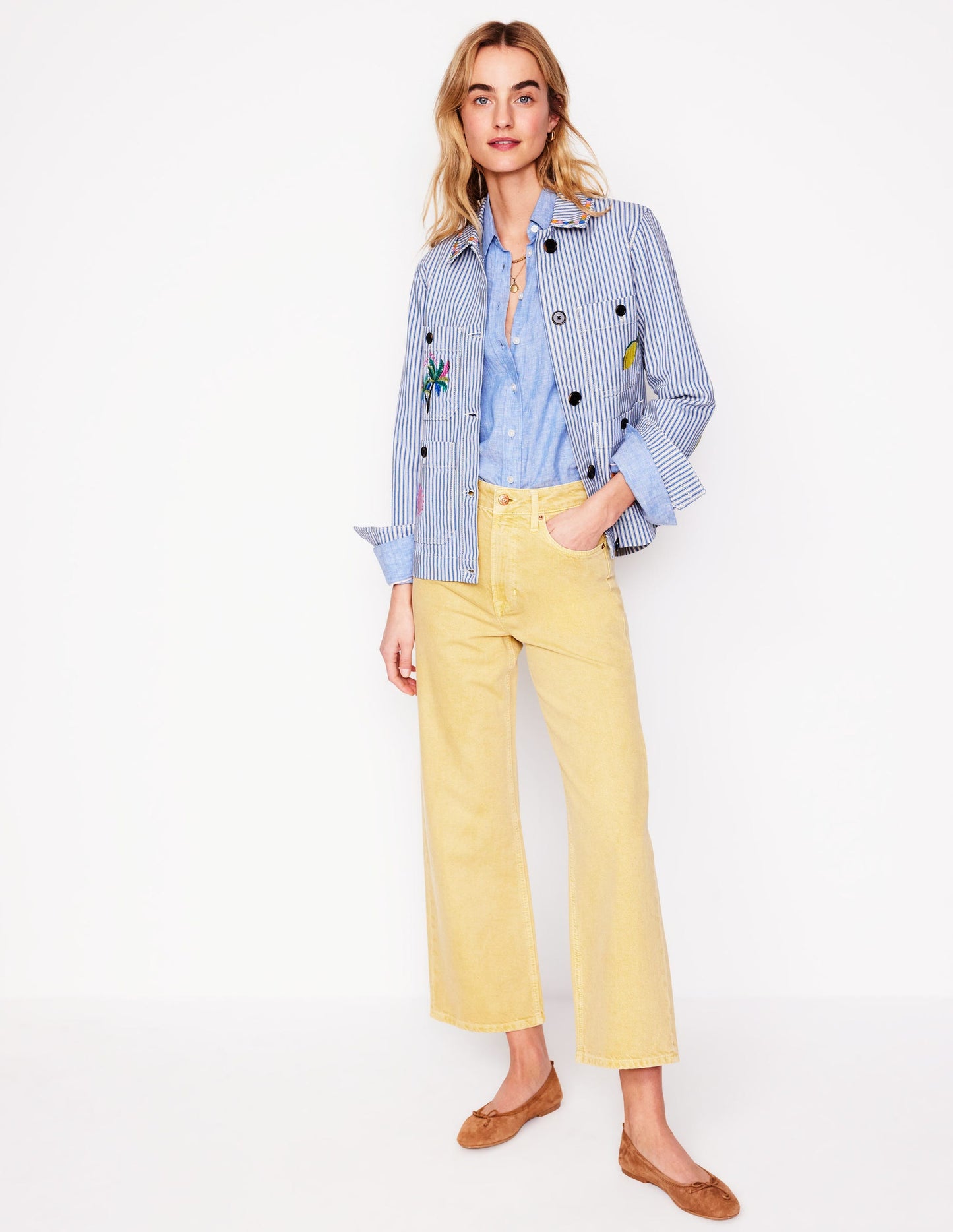 Embroidered Utility Jacket-Forget me not Blue Fine Stripe