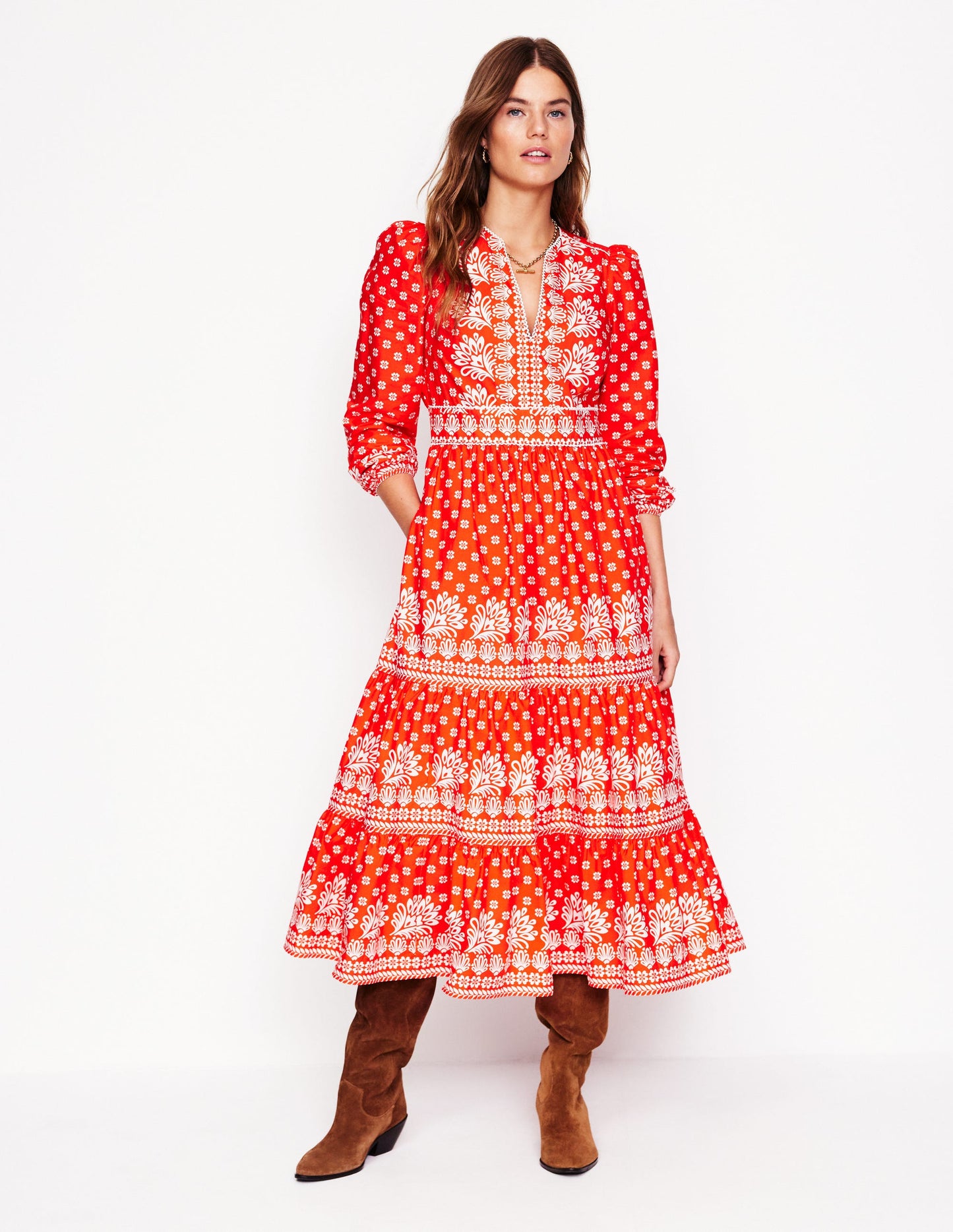 Violet Midi Dress-Firecracker Red, Palm Flora