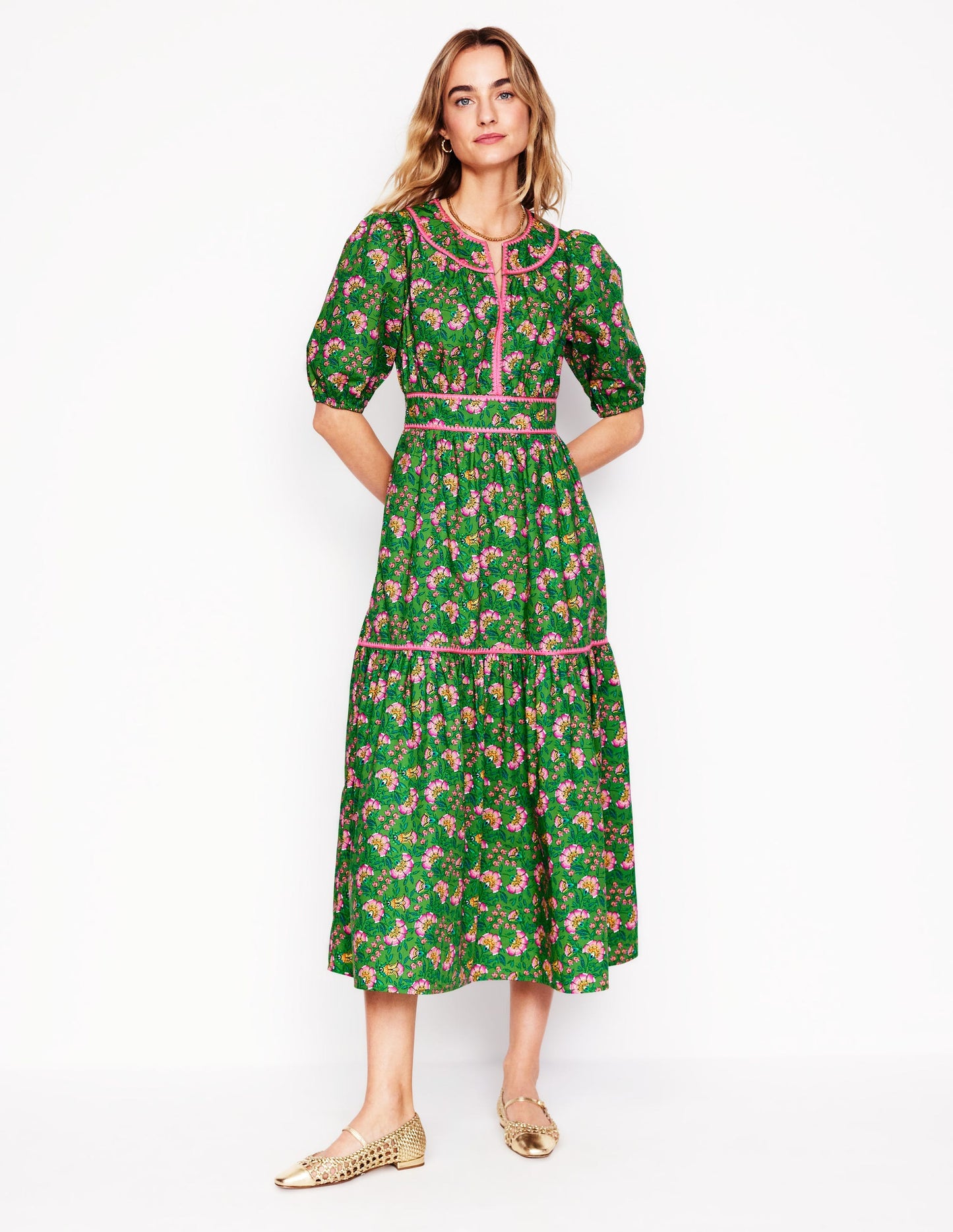 Rhea Embroidered Midi Dress-Green, Decorative Vine