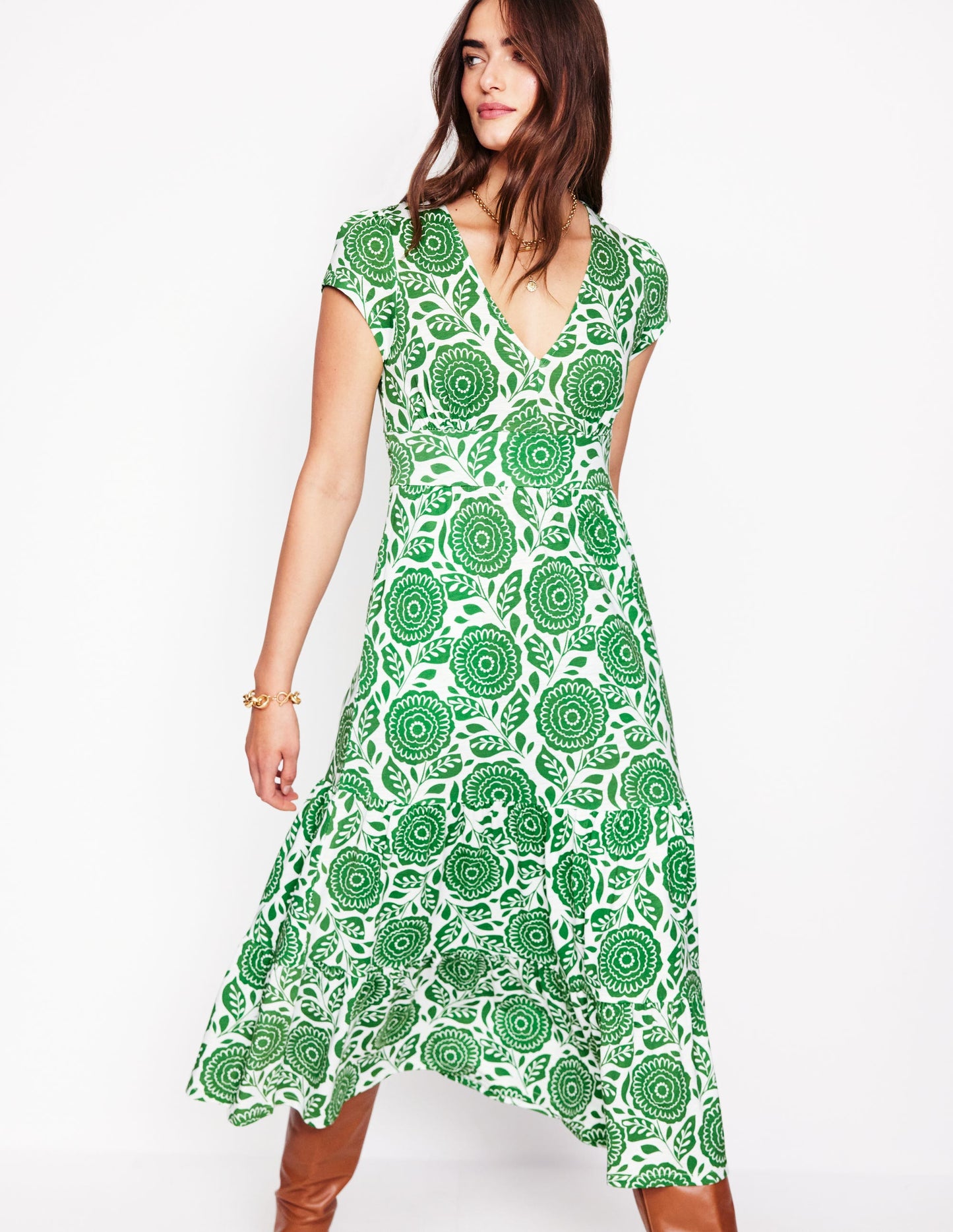 Eloise Tiered Jersey Dress-Paradise Green, Dahlia Stamp