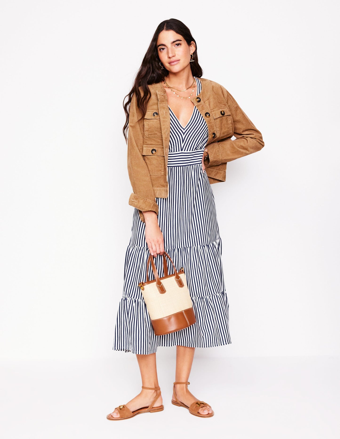 Eloise Tiered Jersey Dress-French Navy and Ivory Stripe