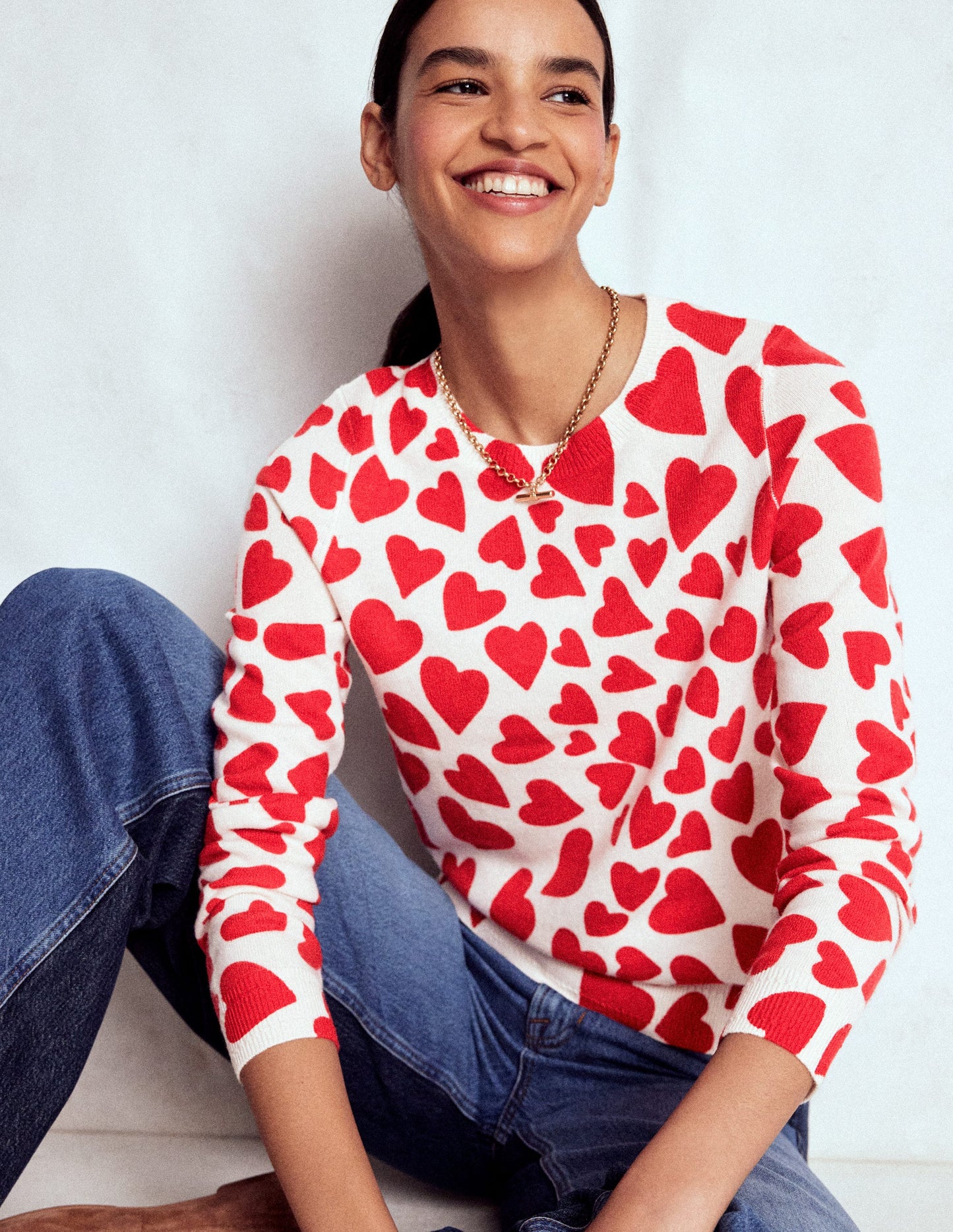 Eva Cashmere Crew Neck Jumper-Ivory, Heart Cluster