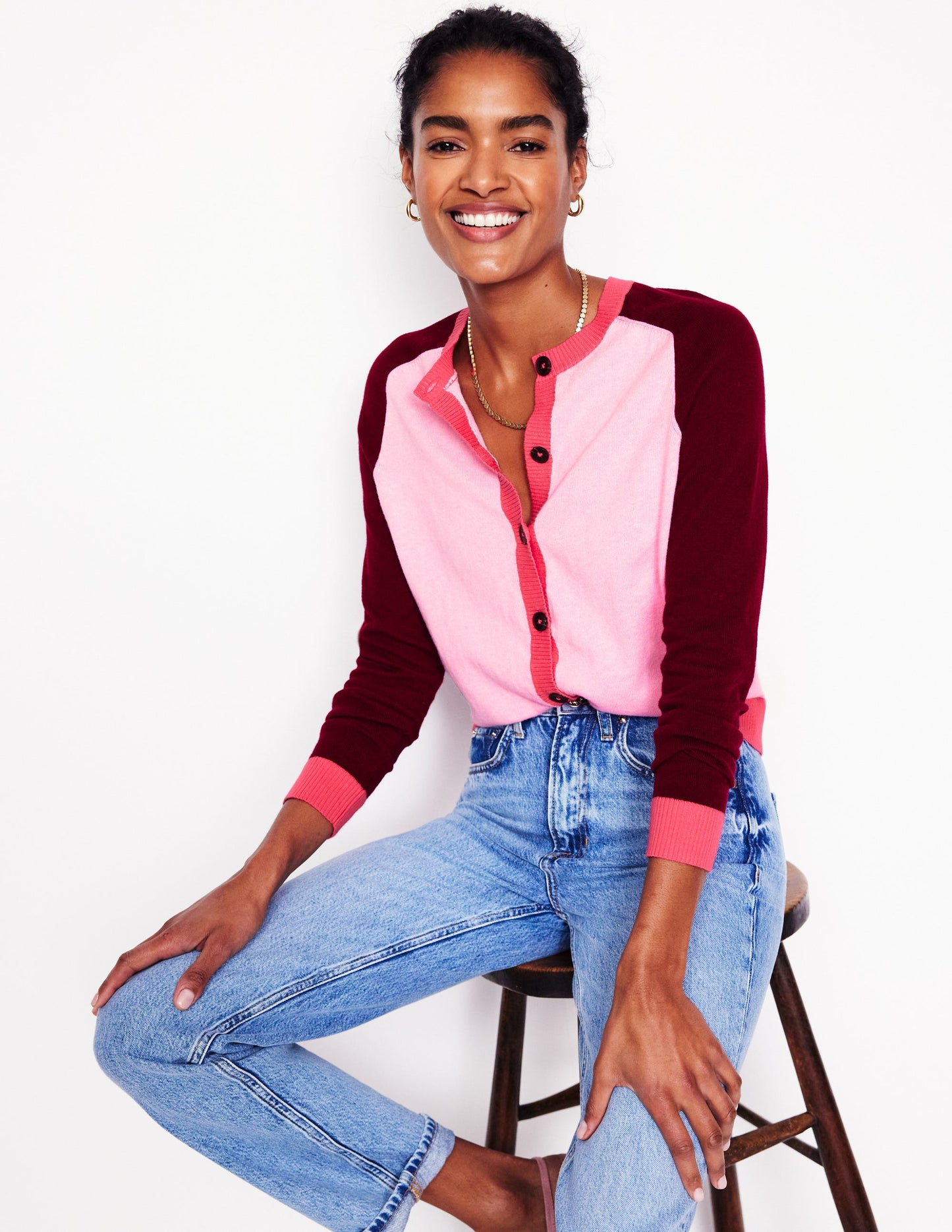 Meg Raglan Sleeve Cardigan-Soft Pink, Colourblock