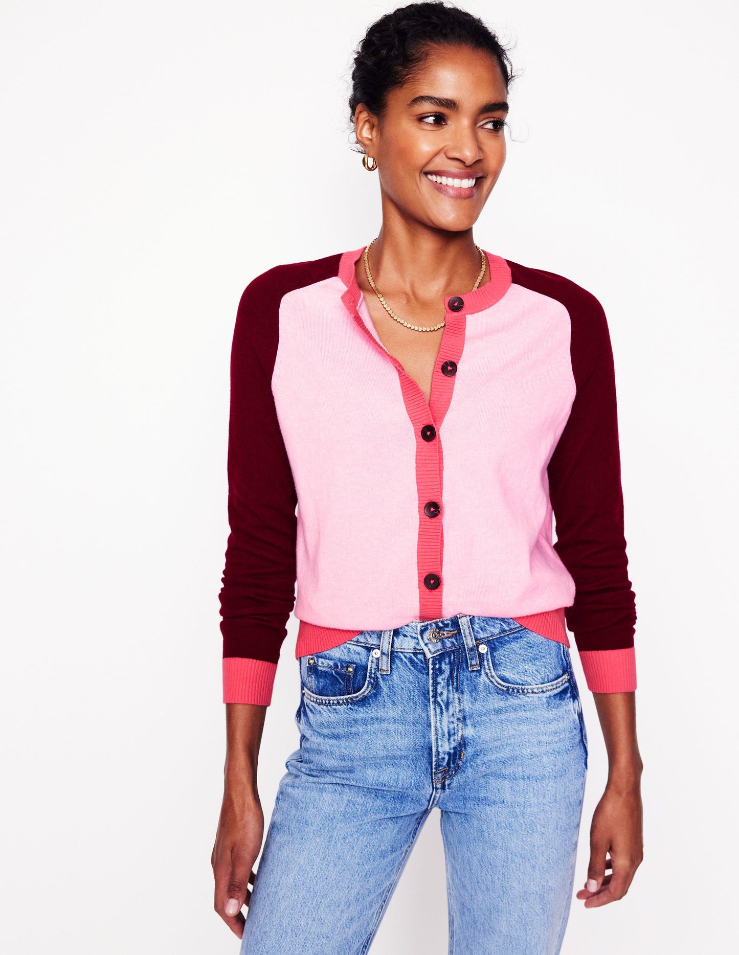 Meg Raglan Sleeve Cardigan-Soft Pink, Colourblock