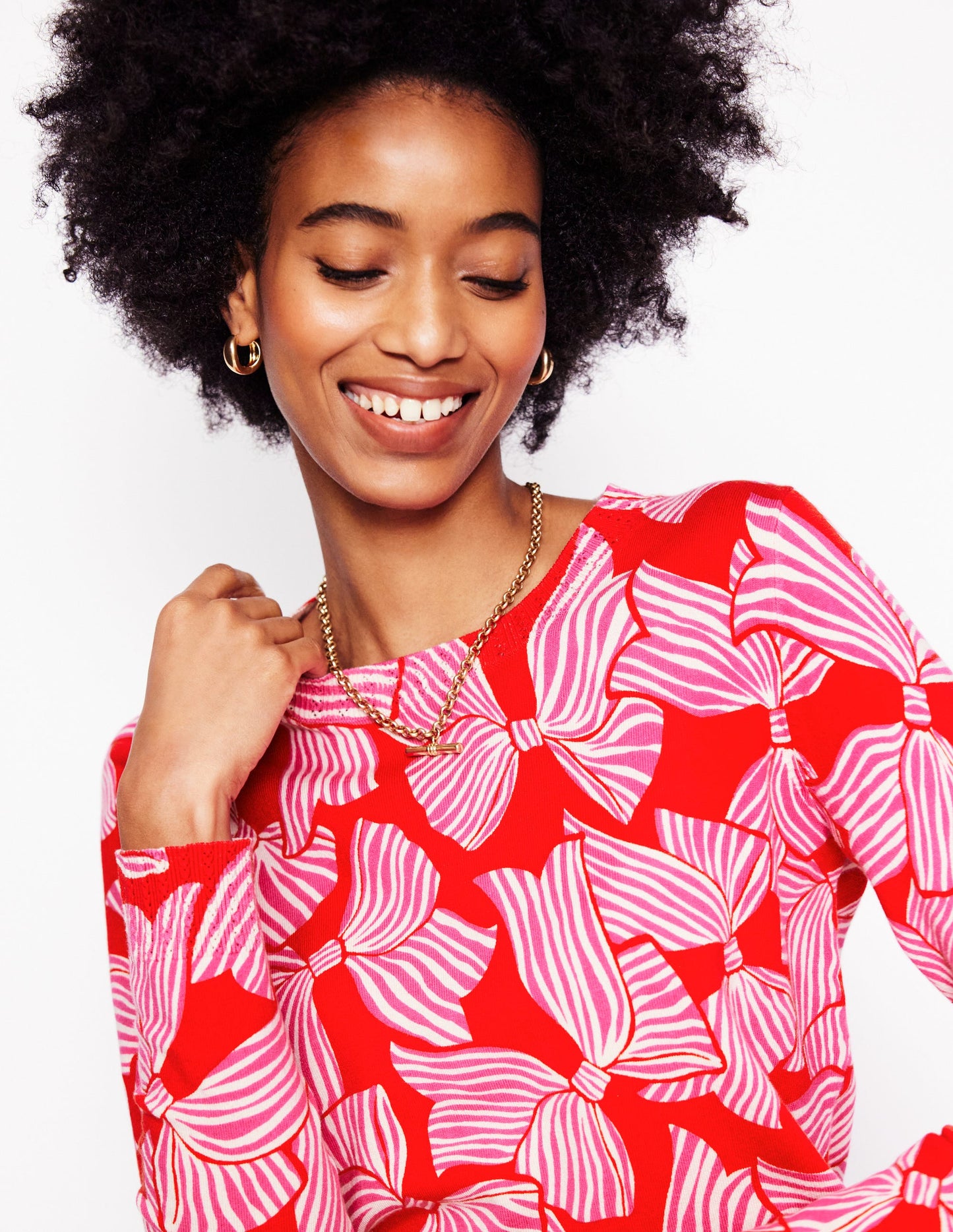 Emilia Cotton Crew Jumper-Poppy Red, Bow Scatter