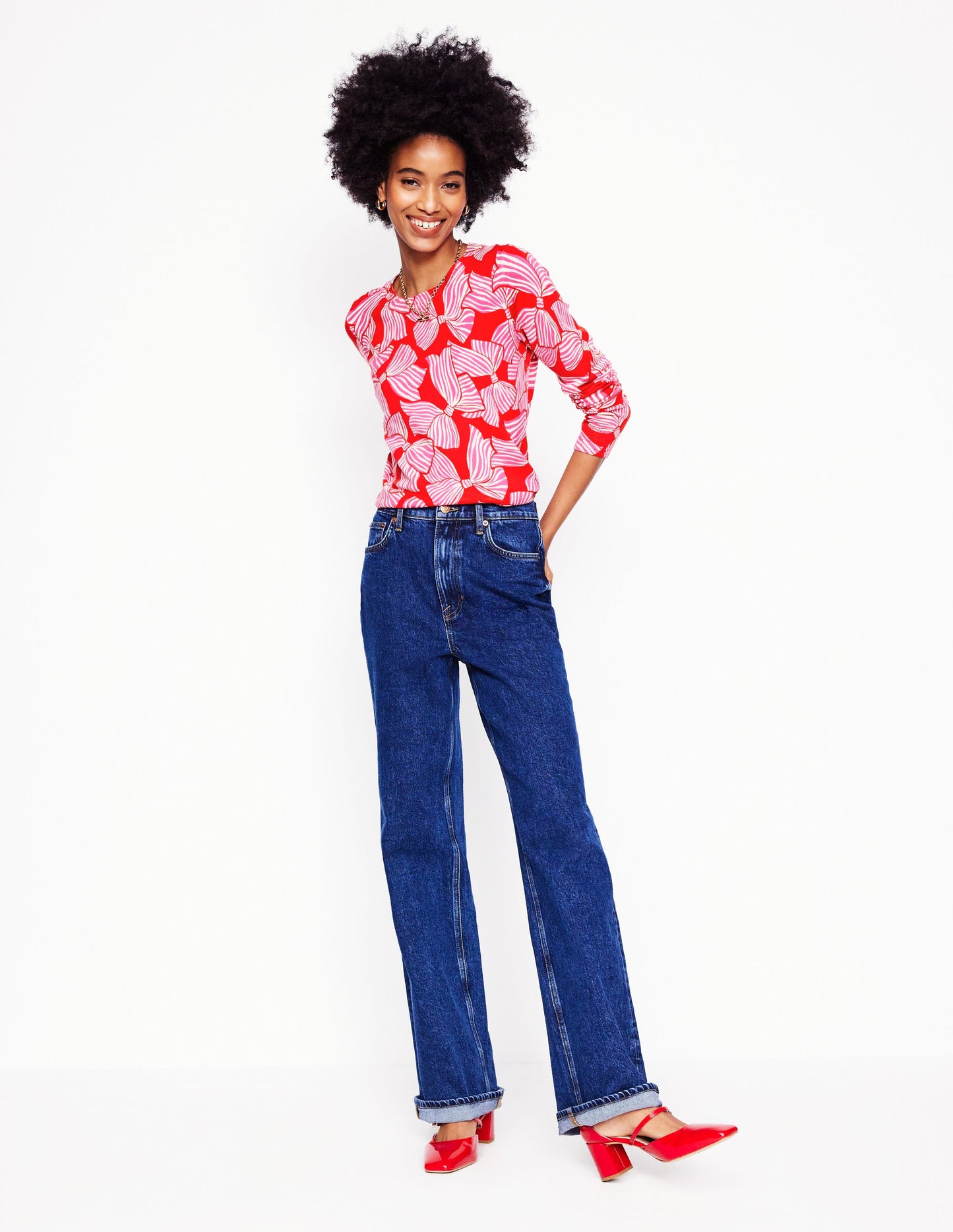 Emilia Cotton Crew Jumper-Poppy Red, Bow Scatter