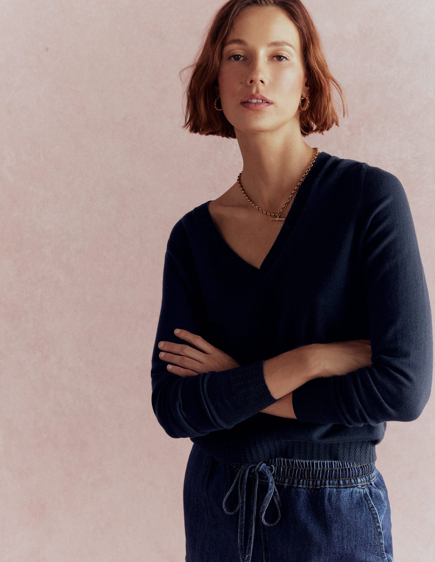 Emilia Cotton V-Neck Jumper-Navy