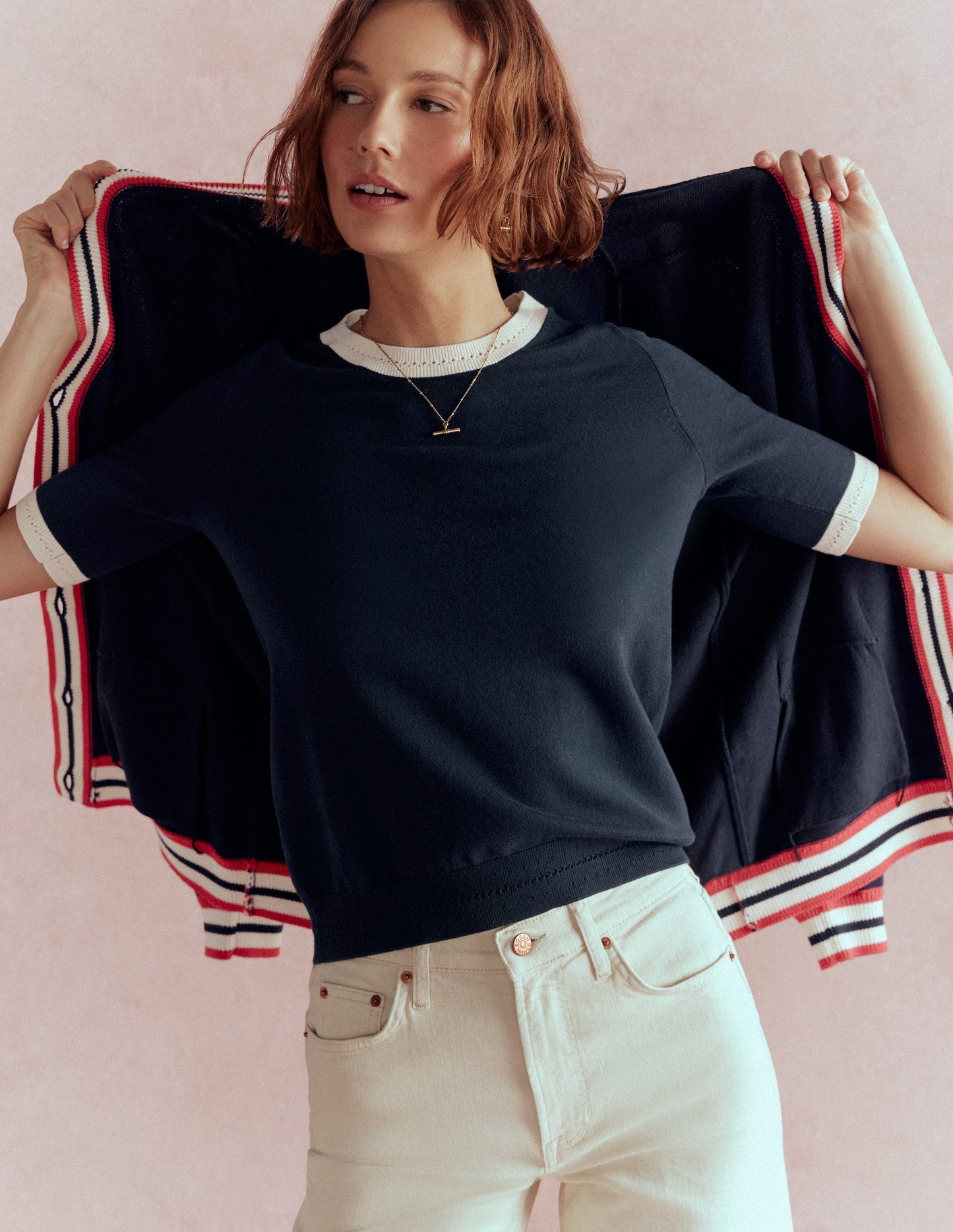 Emilia Cotton Crew T-shirt-Navy, Warm Ivory