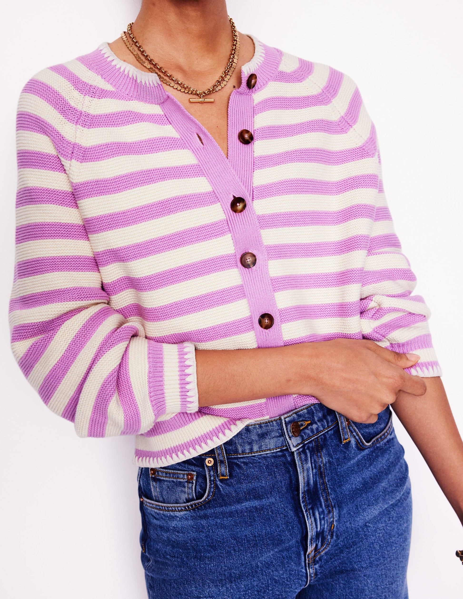 Lena Stitch Detail Cardigan-Soft Lavender and Ivory Stripe-2