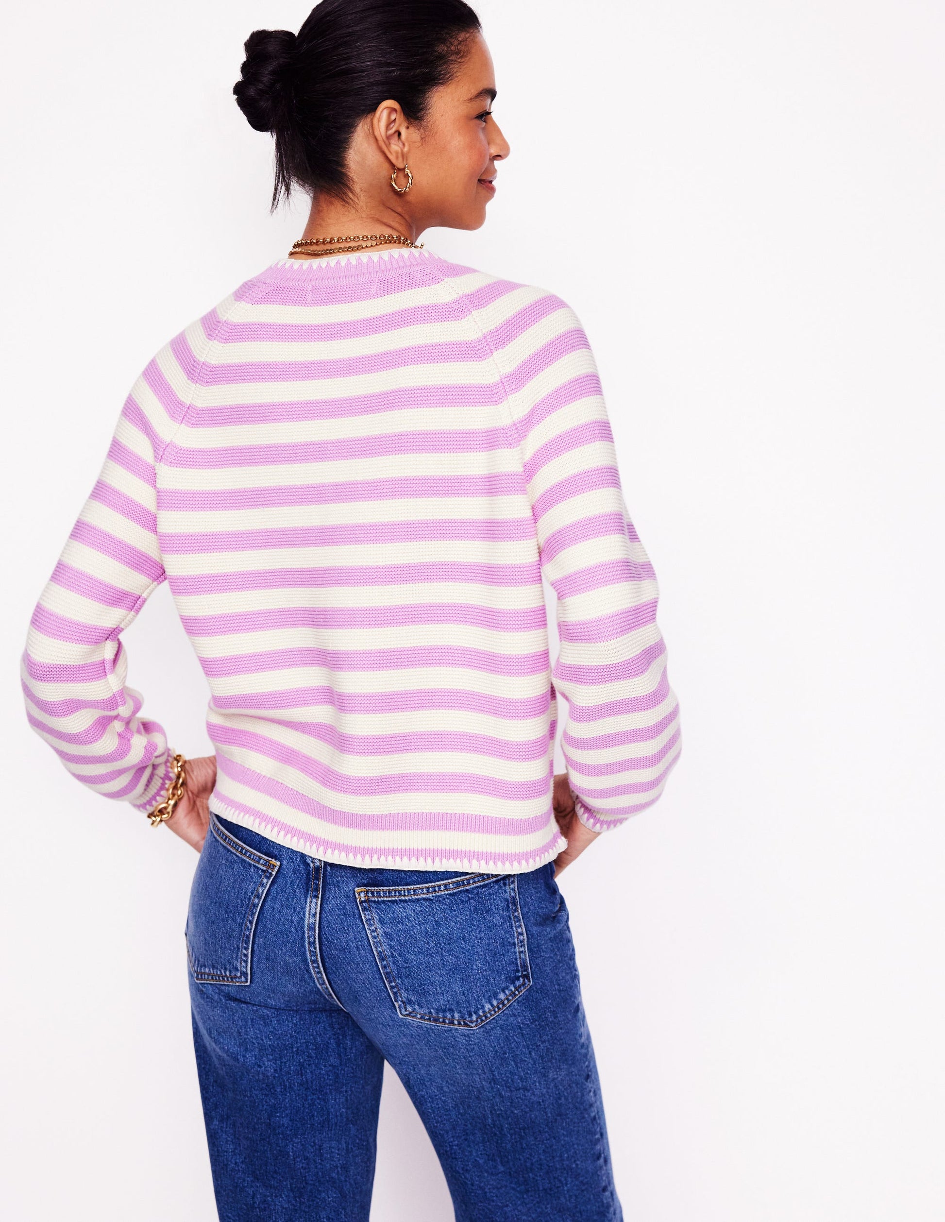 Lena Stitch Detail Cardigan-Soft Lavender and Ivory Stripe-3