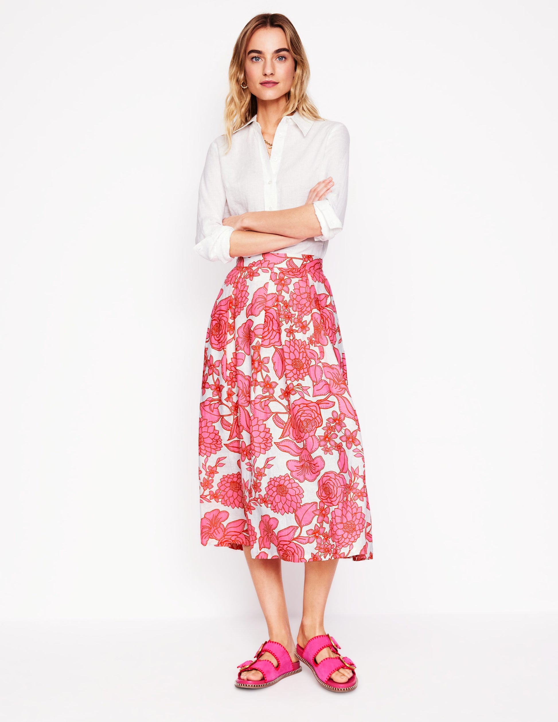 Verity Linen Midi Skirt-Pink, Blossom Cascade-1