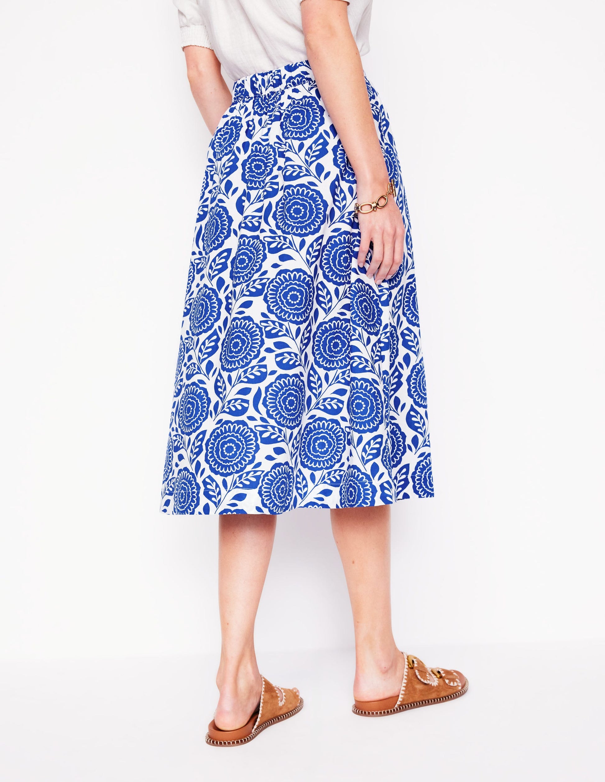 Hattie Poplin Midi Skirt-Bright Blue, Dahlia Stamp-3