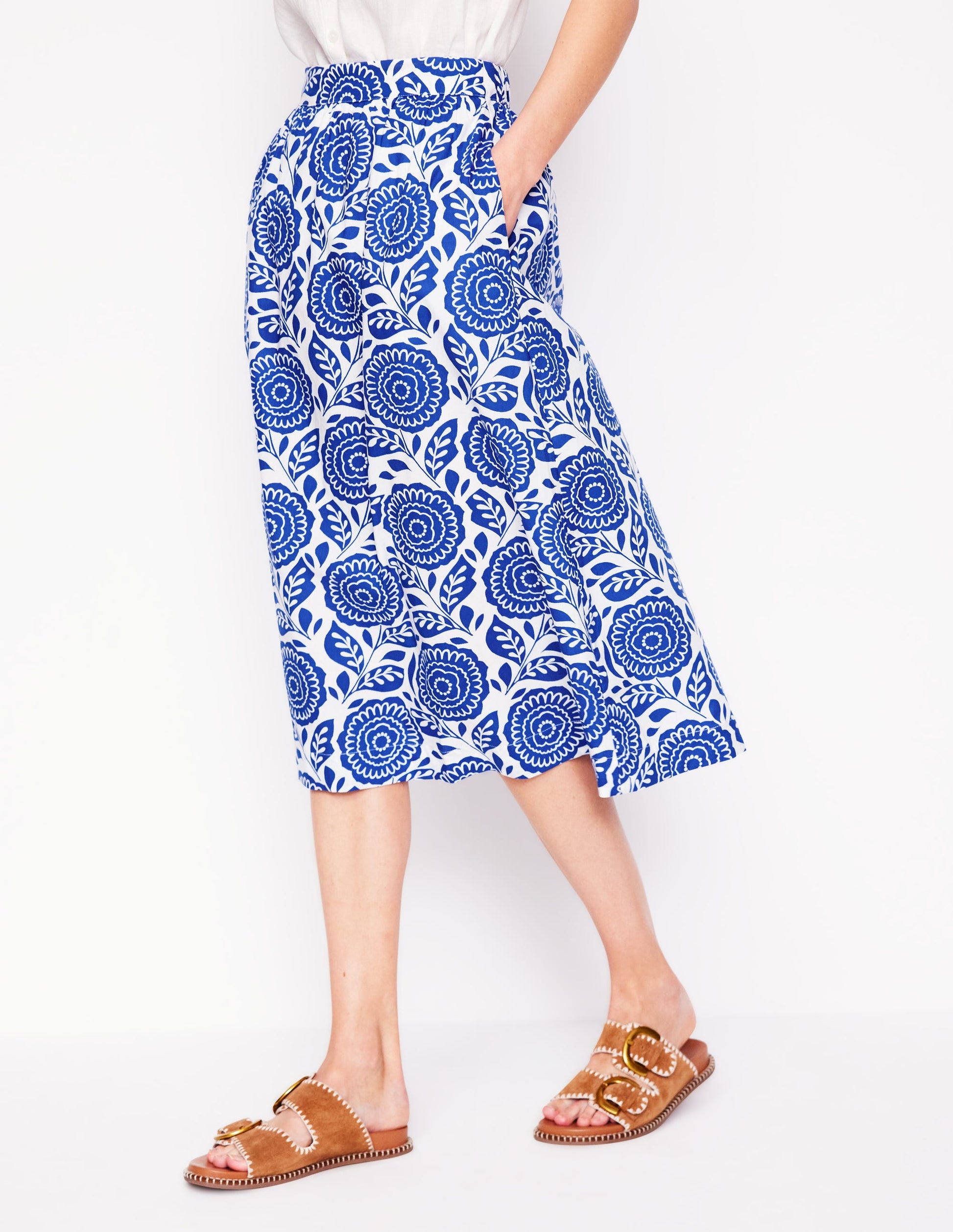 Hattie Poplin Midi Skirt-Bright Blue, Dahlia Stamp-4