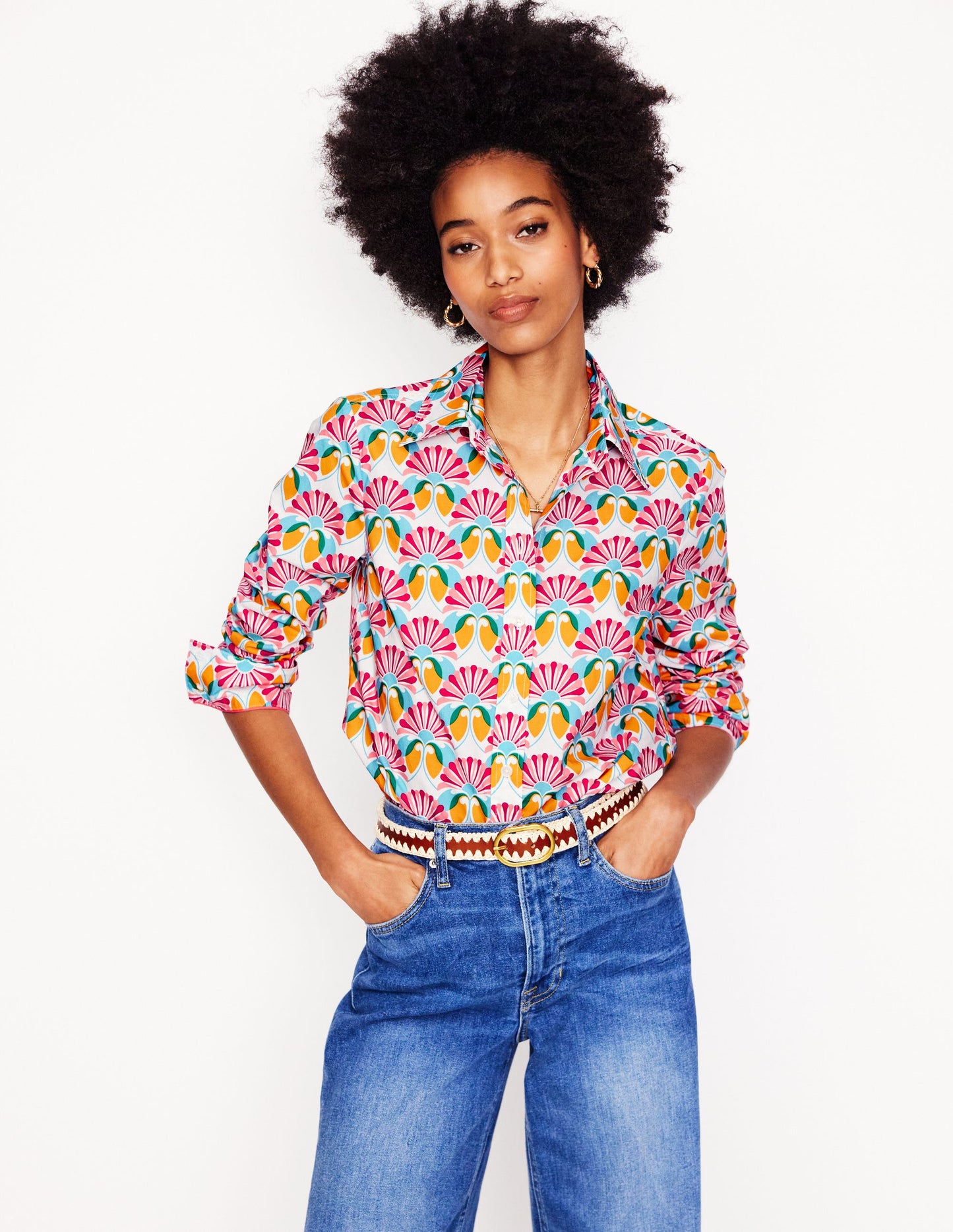 Sienna Cotton Shirt-Ivory, Daisy Bloom Geo