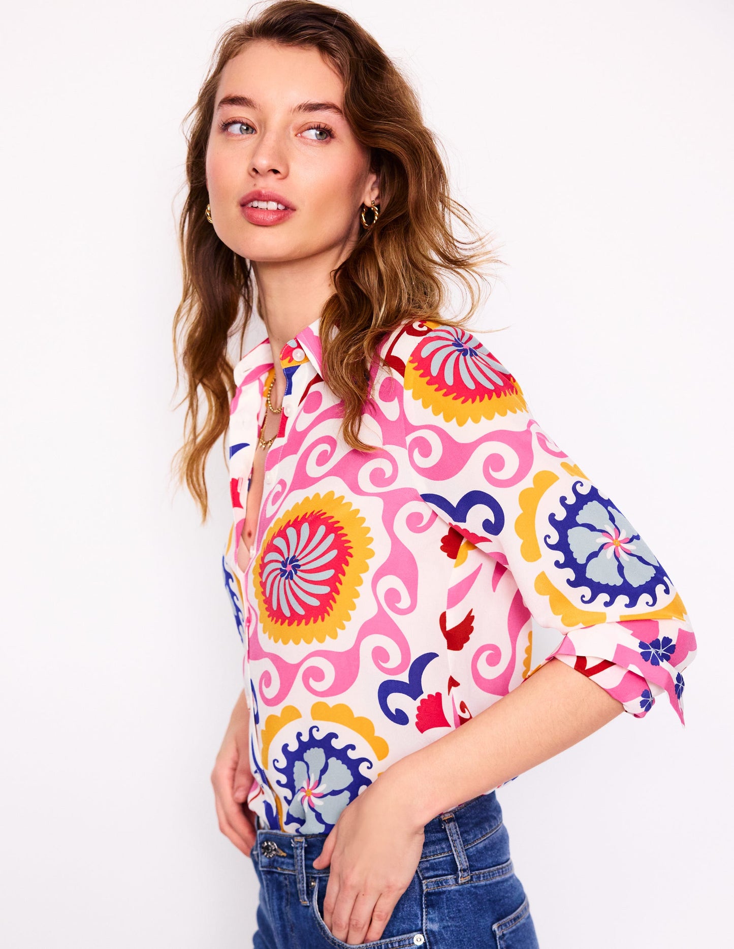 Sienna Silk Shirt-Multi, Ornamental Wave