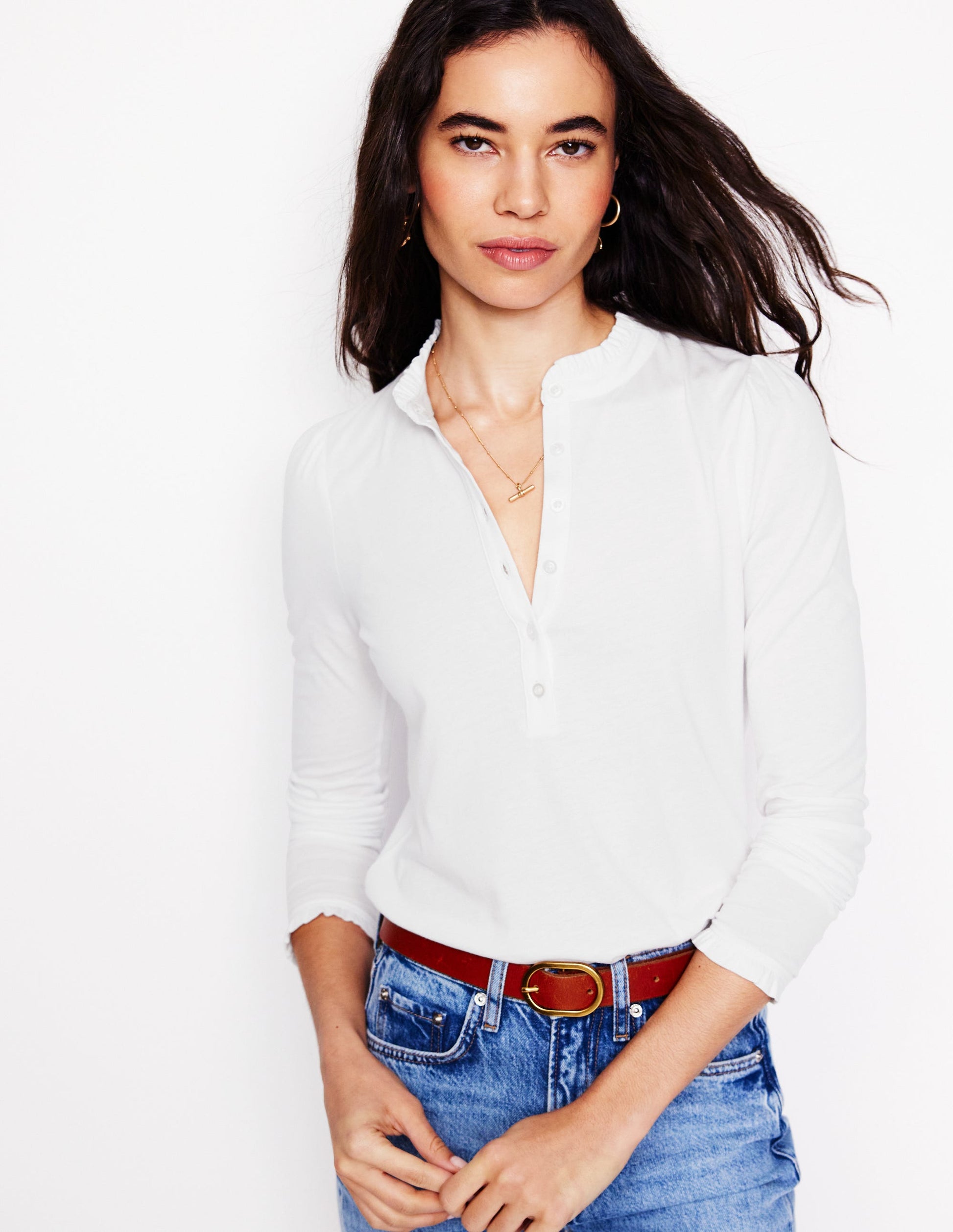 Supersoft Frill Henley Top-White-1