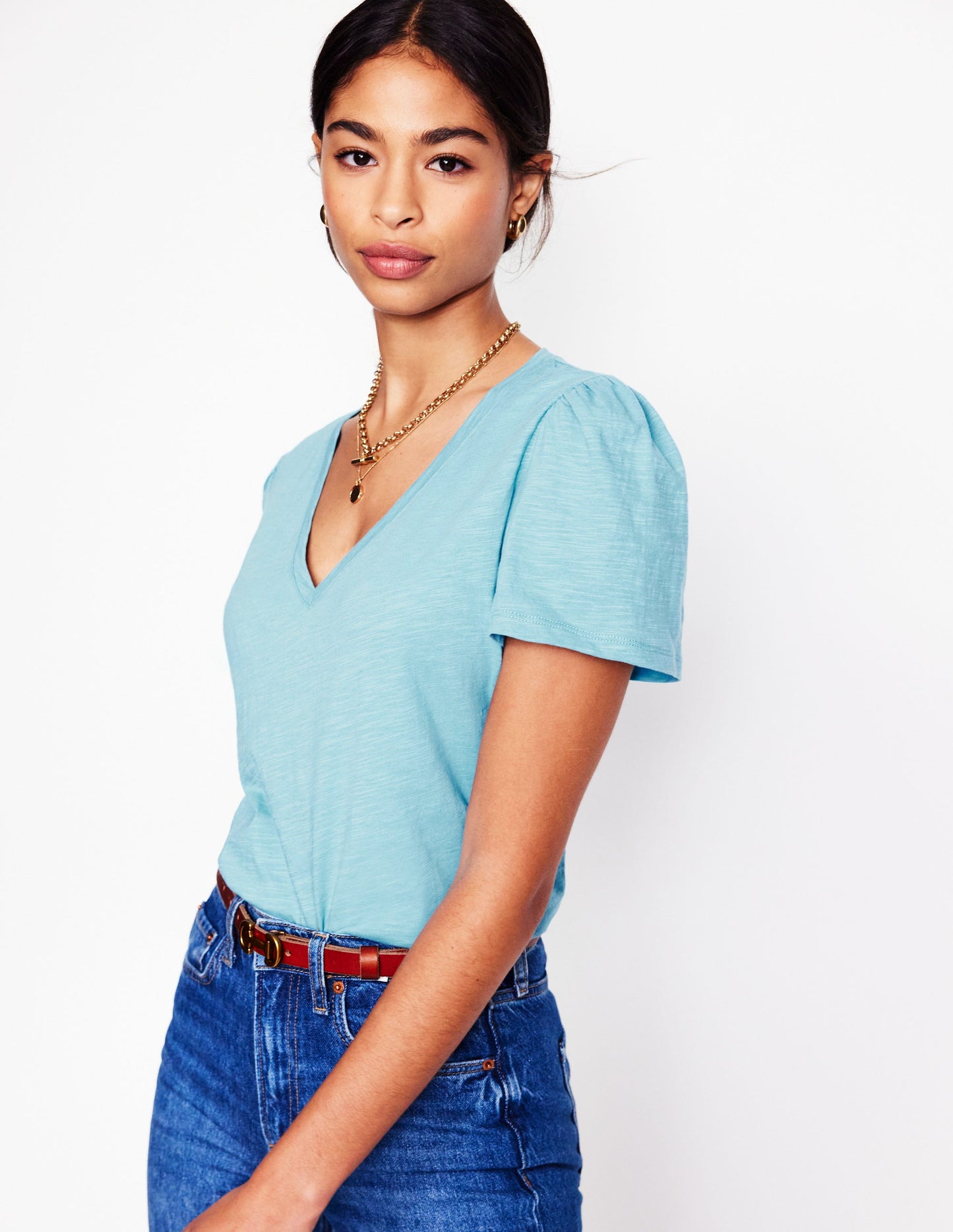 Short Sleeve V Neck T-shirt-Denim Blue, Wildflower Bouquet