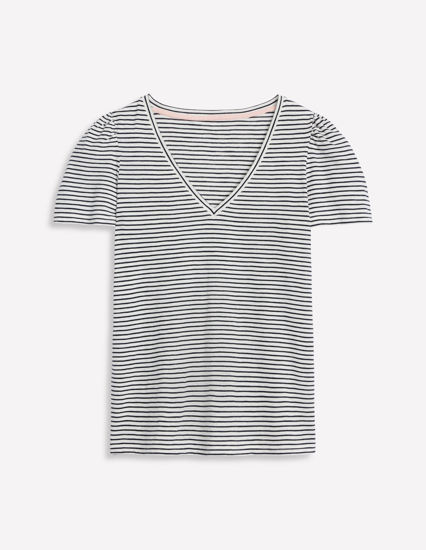 Sophie V-Neck Slub T-shirt-Ivory, Navy Stripe