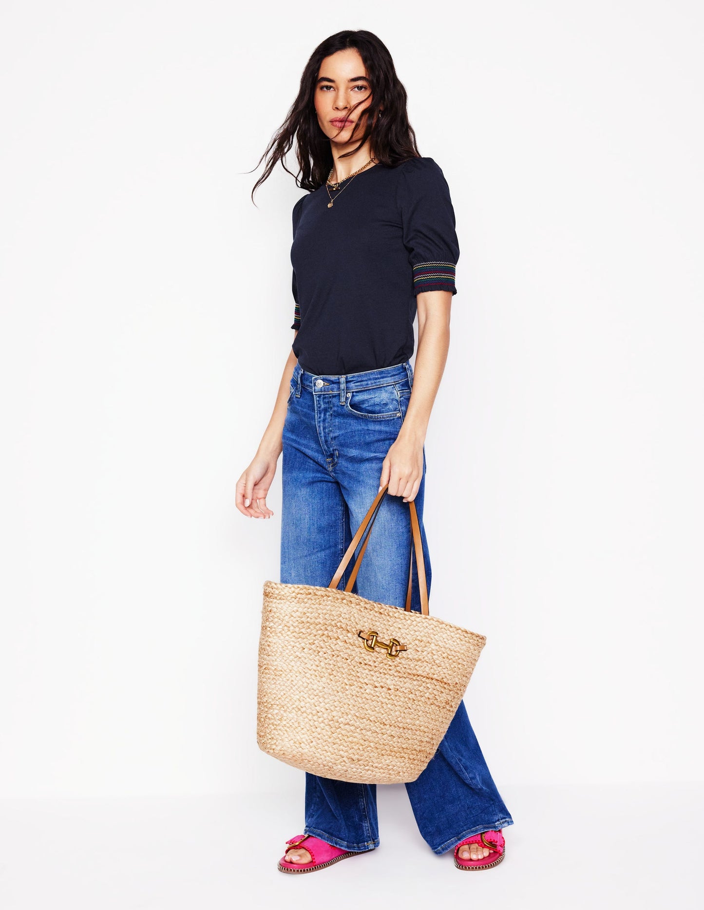 Cotton Smocked Cuff Top-Navy