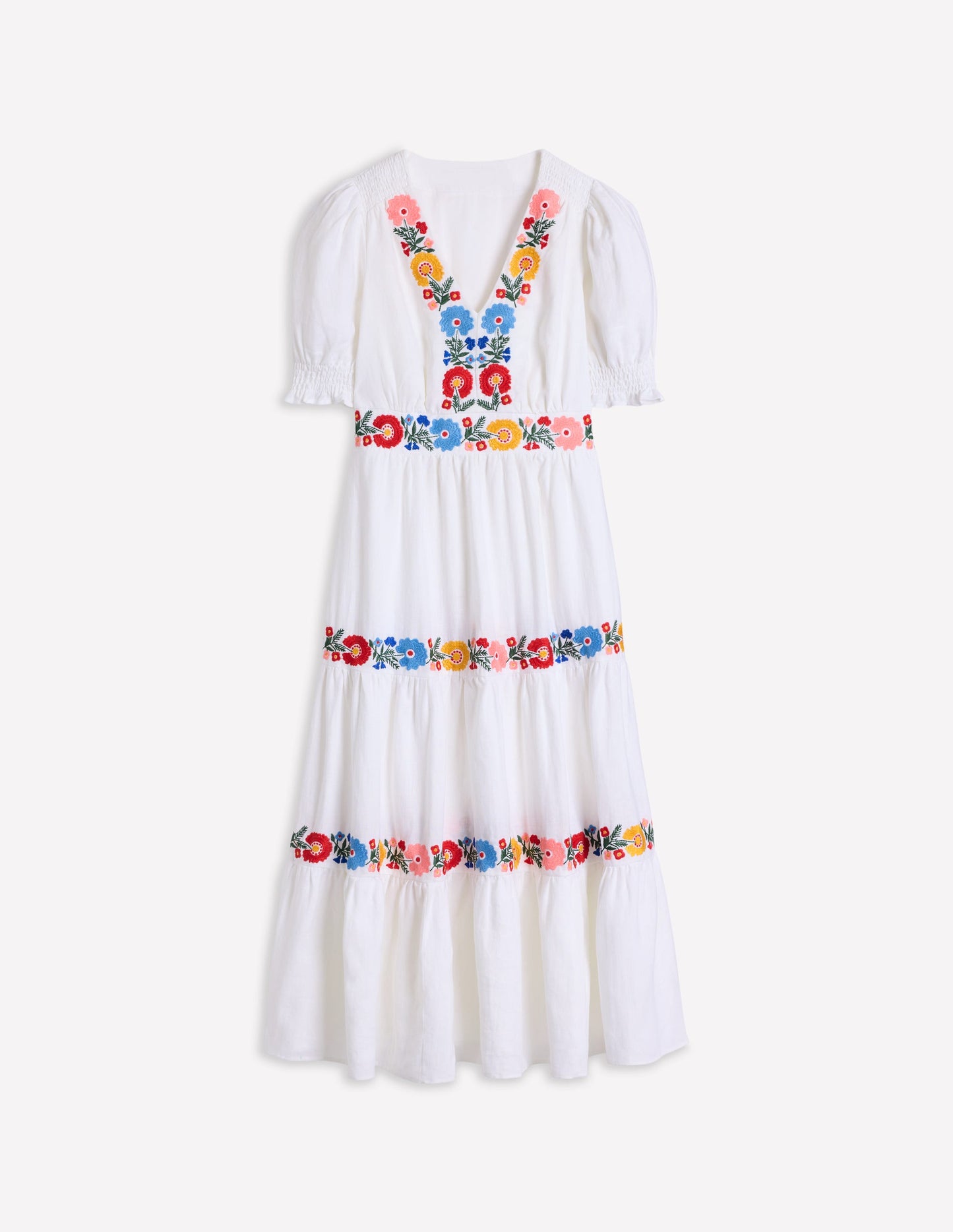 Anna Linen Tiered Midi Dress-White, Multi Embroidery