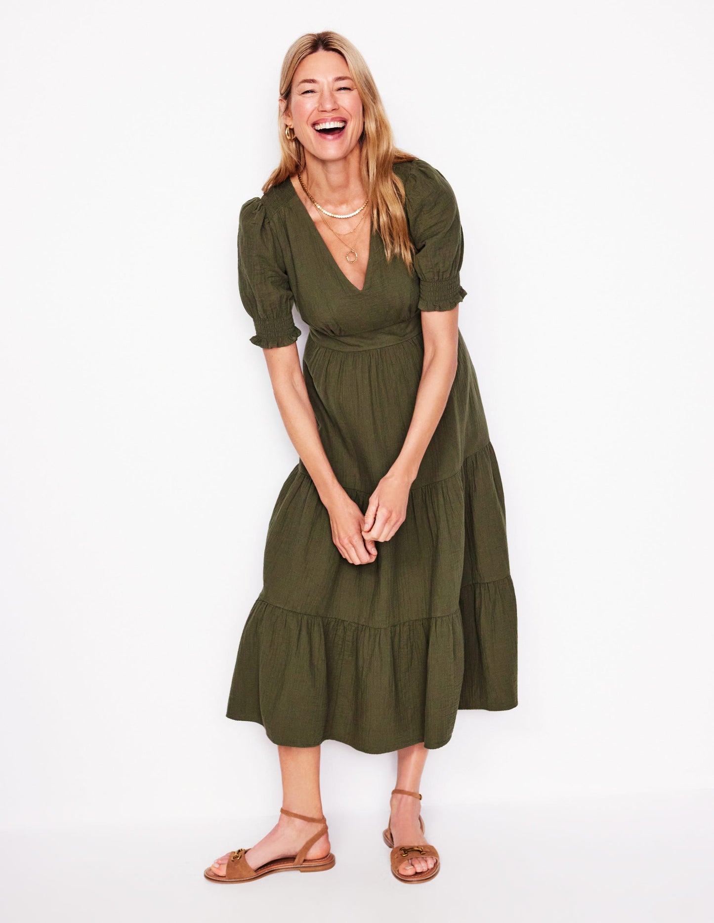 Anna Double Cloth Midi Dress-Woodland Green