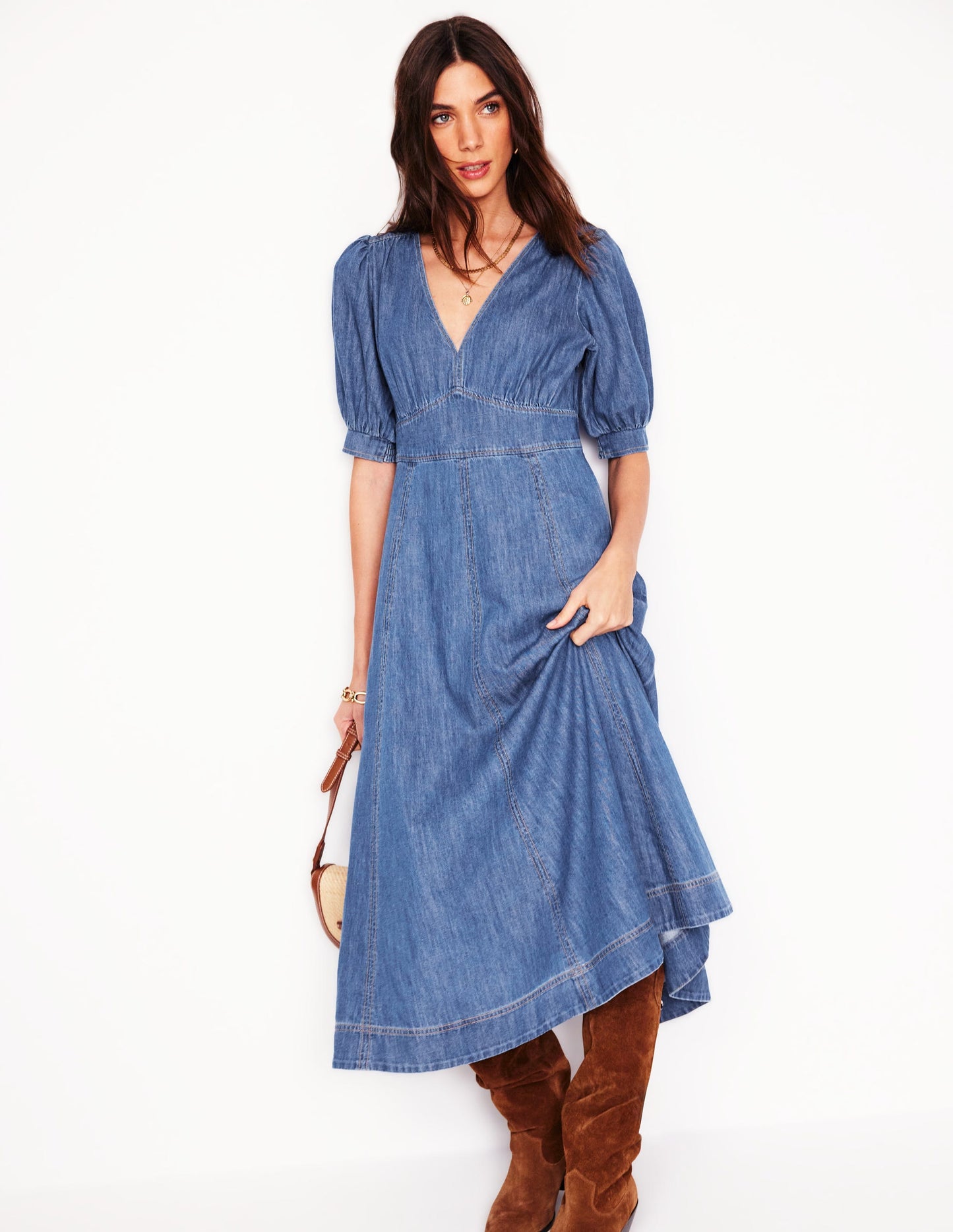 Denim Panel Tea Dress-Mid Vintage