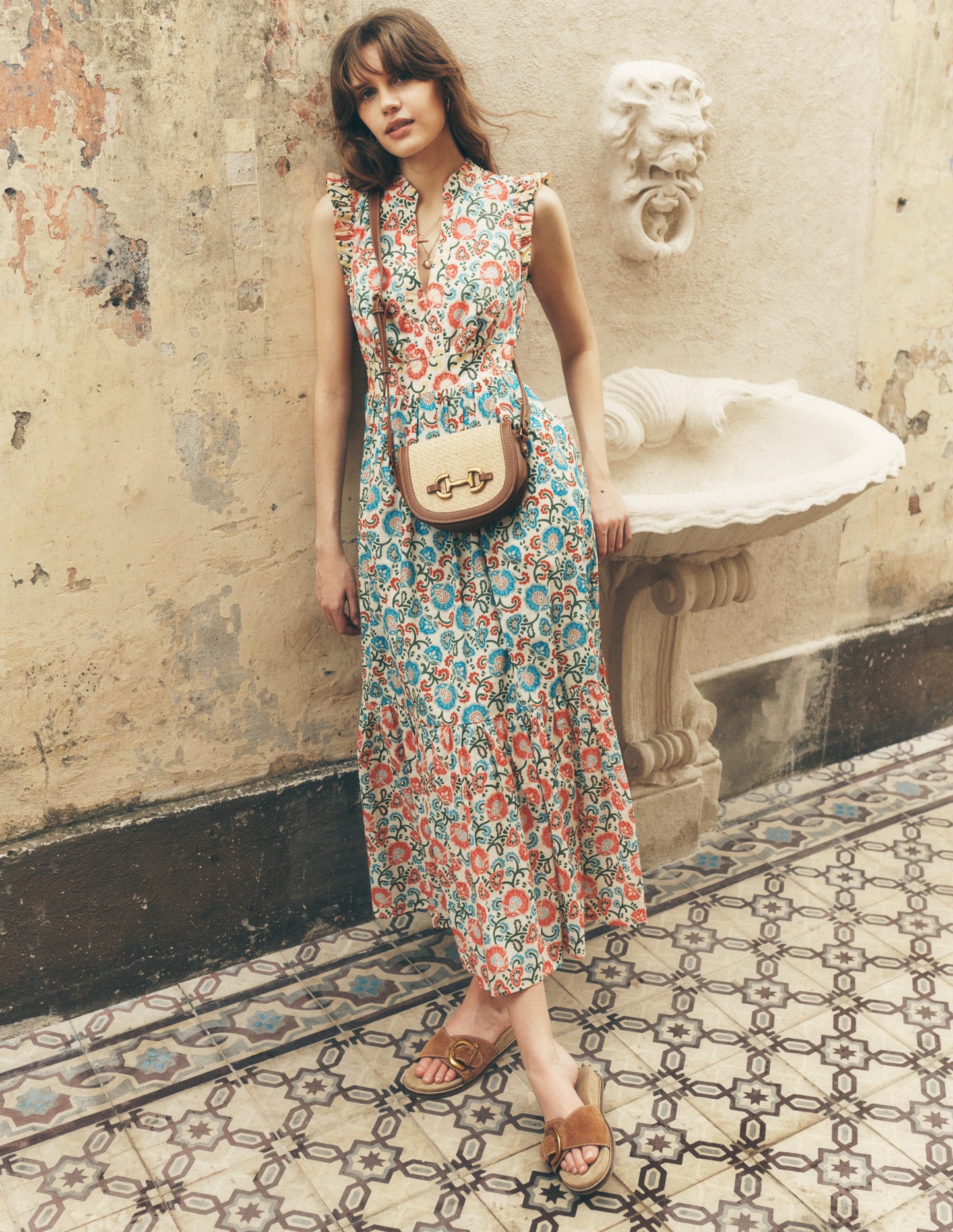 Wren Tiered Midi Dress-Ivory, Garden Vine