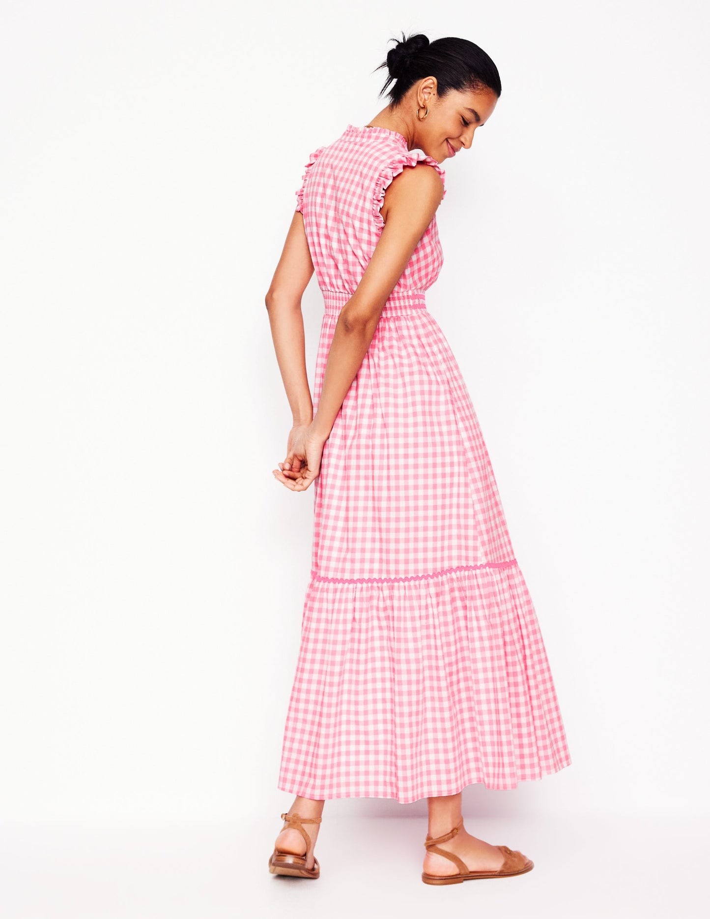 Wren Tiered Midi Dress-Salmon Pink Gingham