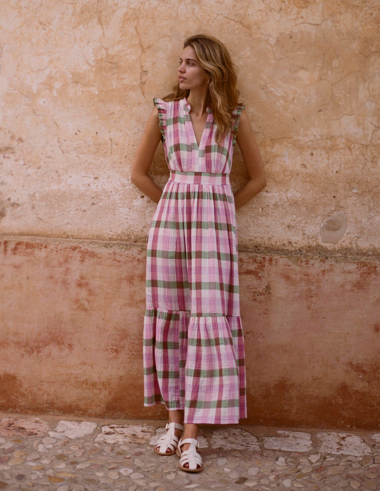 Wren Double Cloth Midi Dress-Pink and Green Multigingham