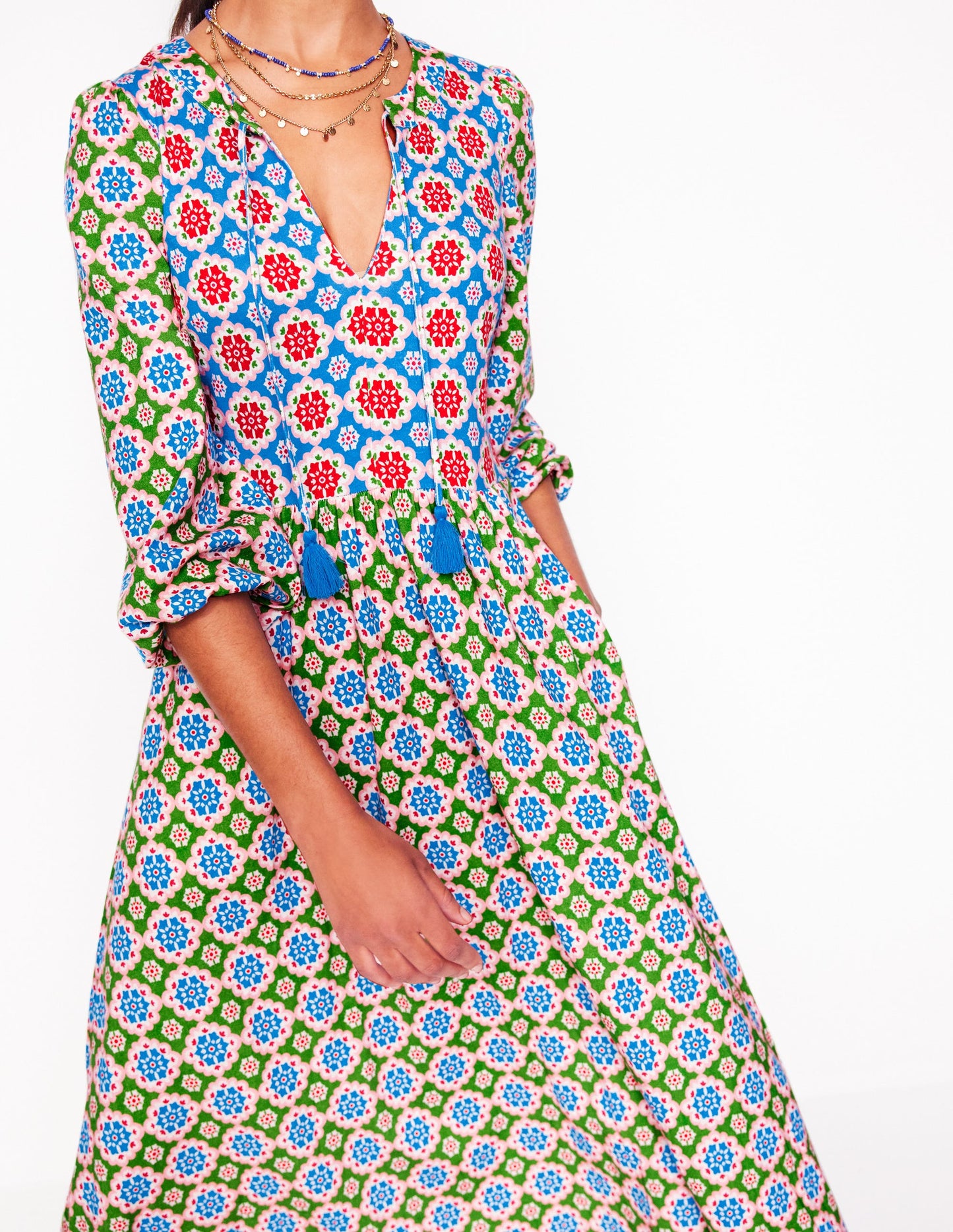Notch Neck Midi Dress-Multi, Bloom Geo