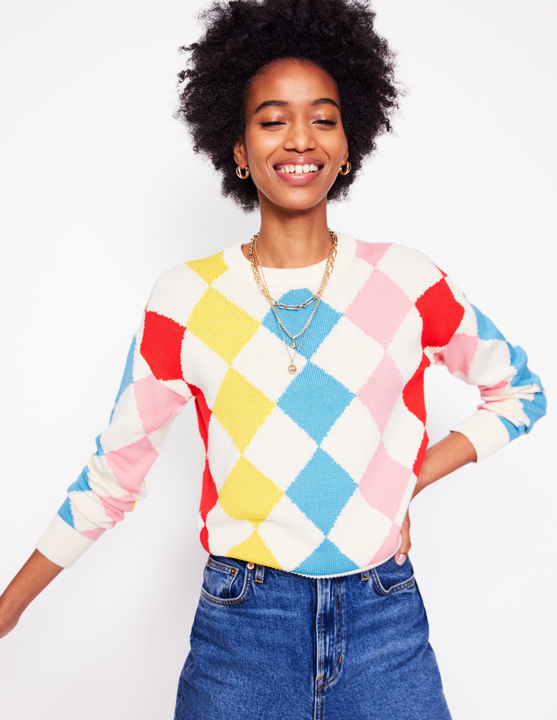 Cotton Argyle Jumper-Pink, Light Blue Argyle-1