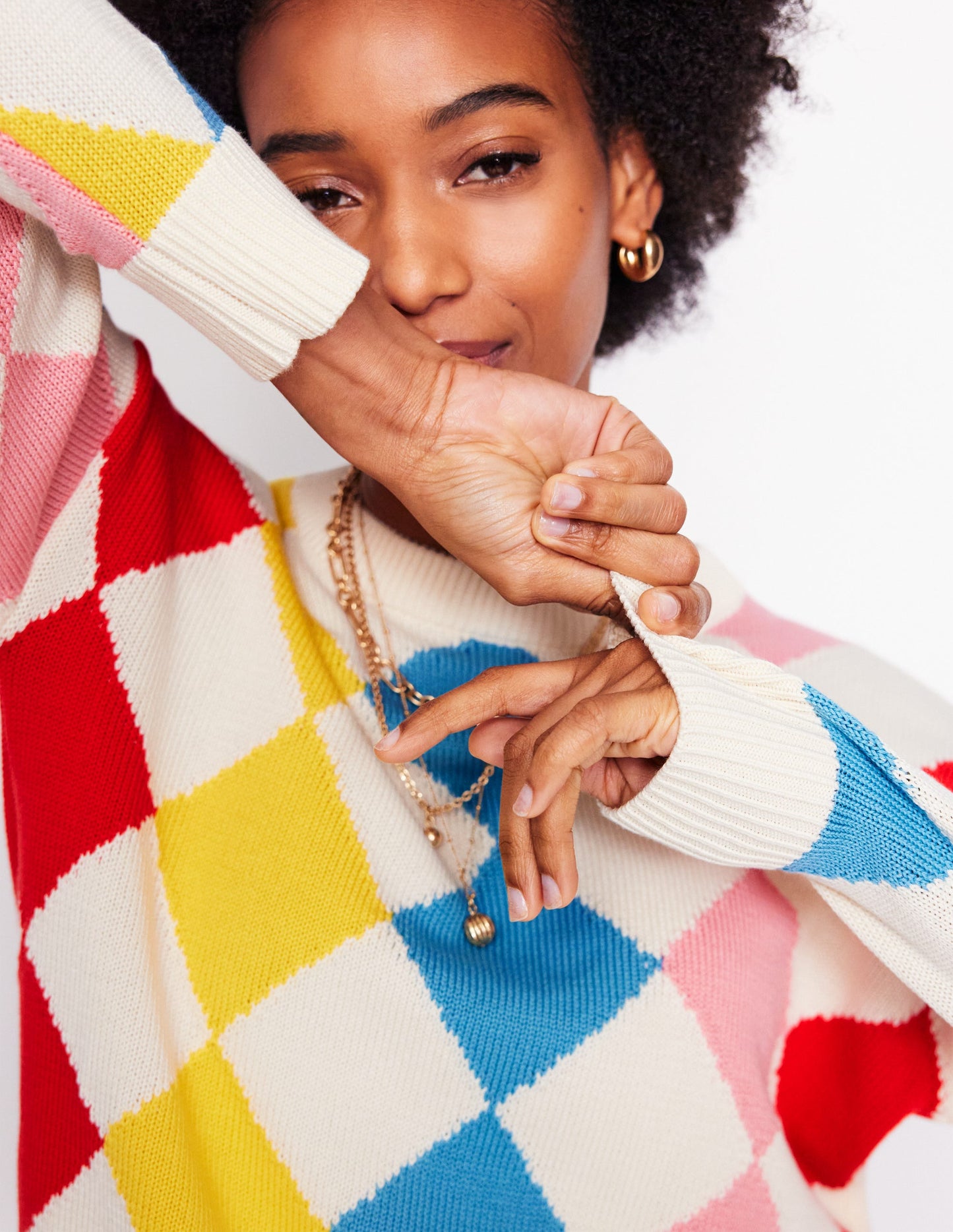 Cotton Argyle Jumper-Pink, Light Blue Argyle